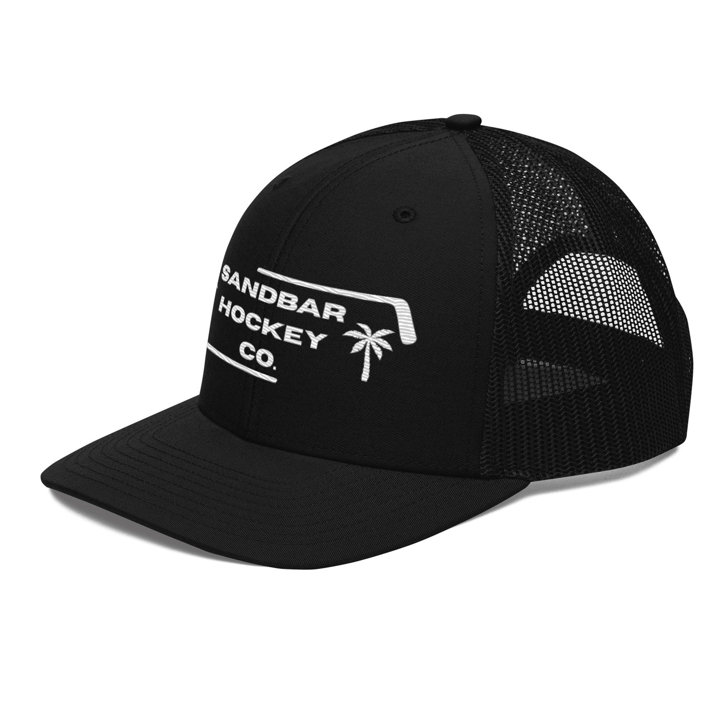 Black hockey snapback hat right front angle view with white Sandbar Hockey Co. logo.