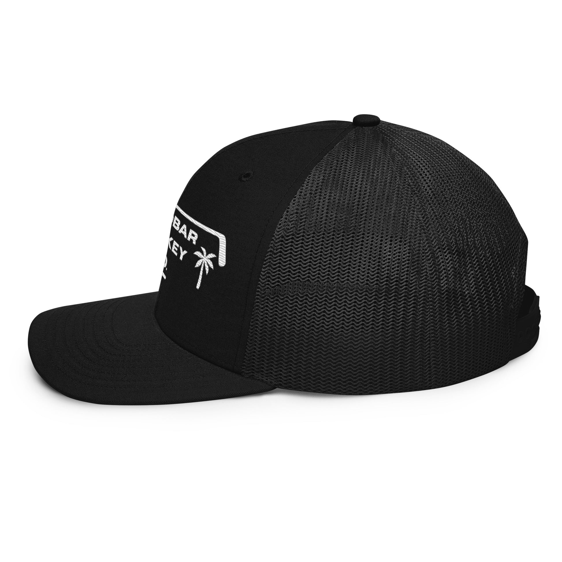 Black hockey snapback hat left side profile with curved brim and solid black back.