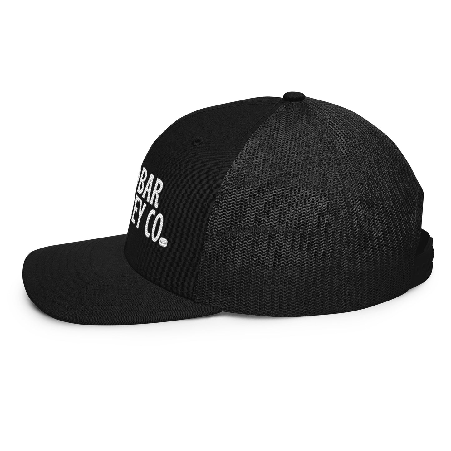 Black hockey snapback hat left side profile with white Sandbar Hockey Co. logo and solid black back.