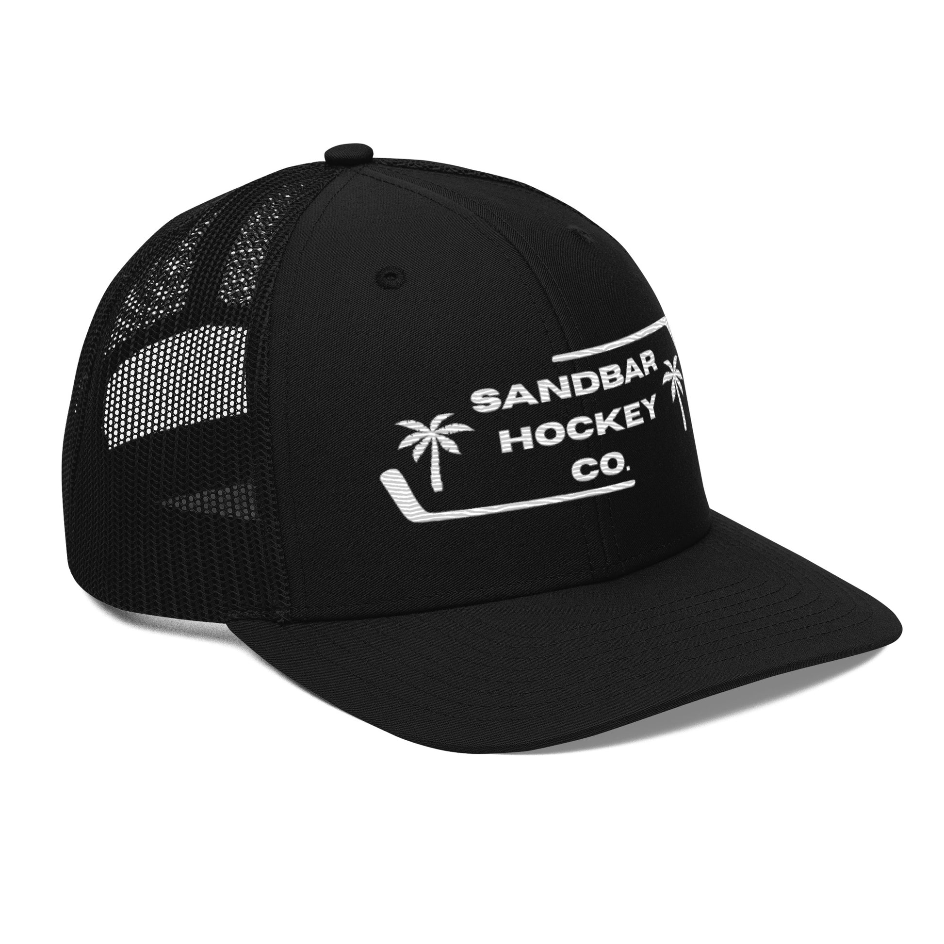 Black hockey snapback hat front right angle view with white Sandbar Hockey Co. logo.