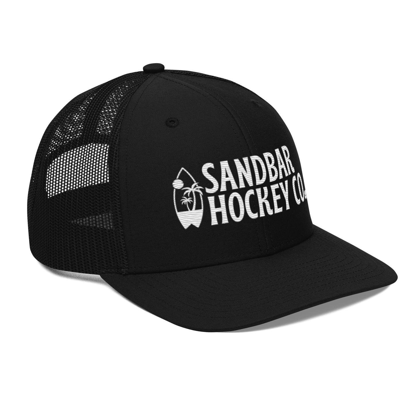 Black hockey snapback hat right front angle view with white Sandbar Hockey Co. logo.