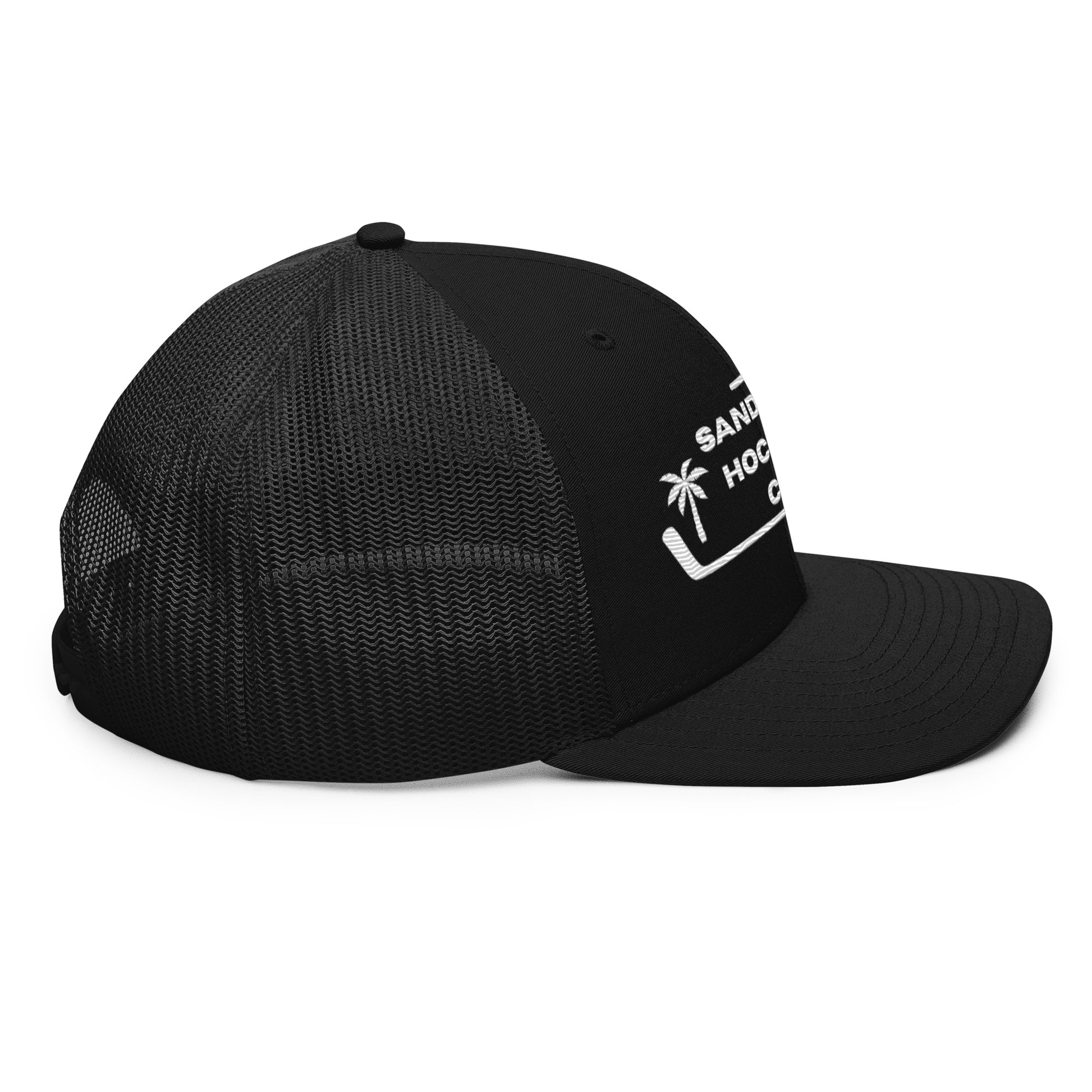 Black hockey snapback hat rear right angle view with side logo detail and solid black back.
