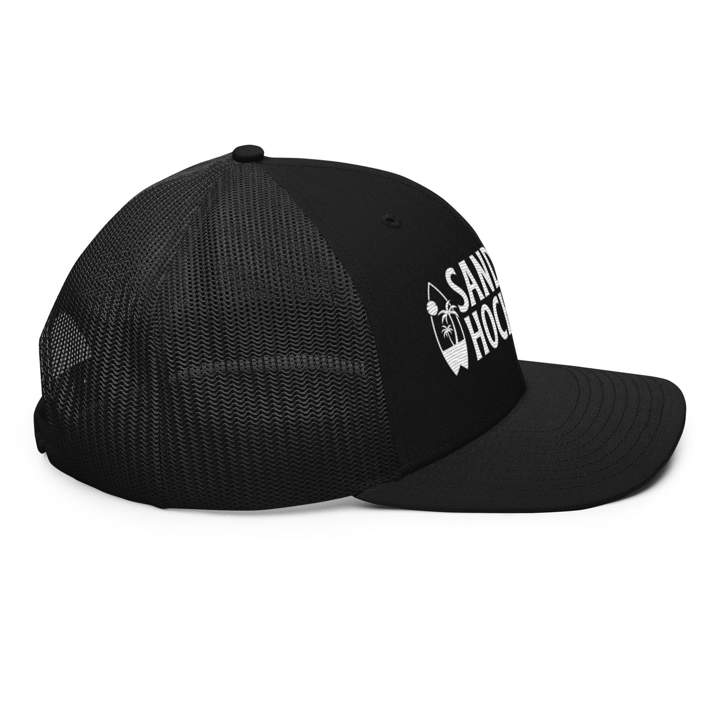 Black hockey snapback hat right side profile with curved brim and solid black back.