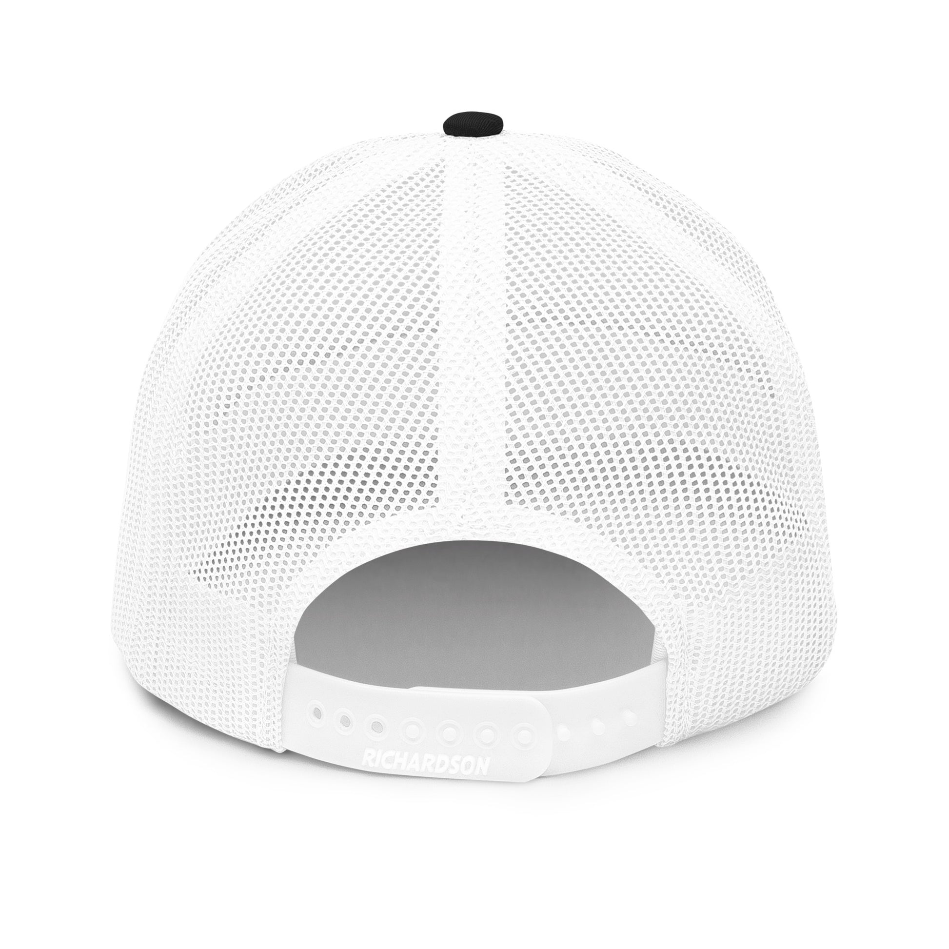 White hockey snapback hat back view showing white mesh panels and snapback closure.