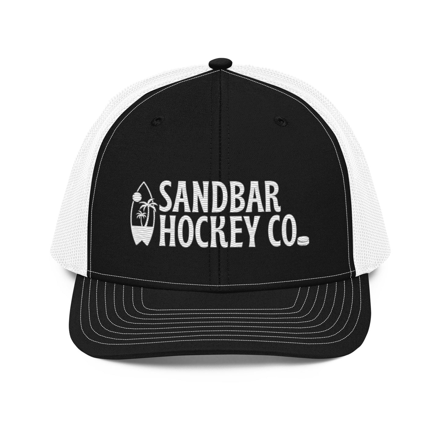 Black and white hockey snapback hat front view with white Sandbar Hockey Co. logo and white mesh back.