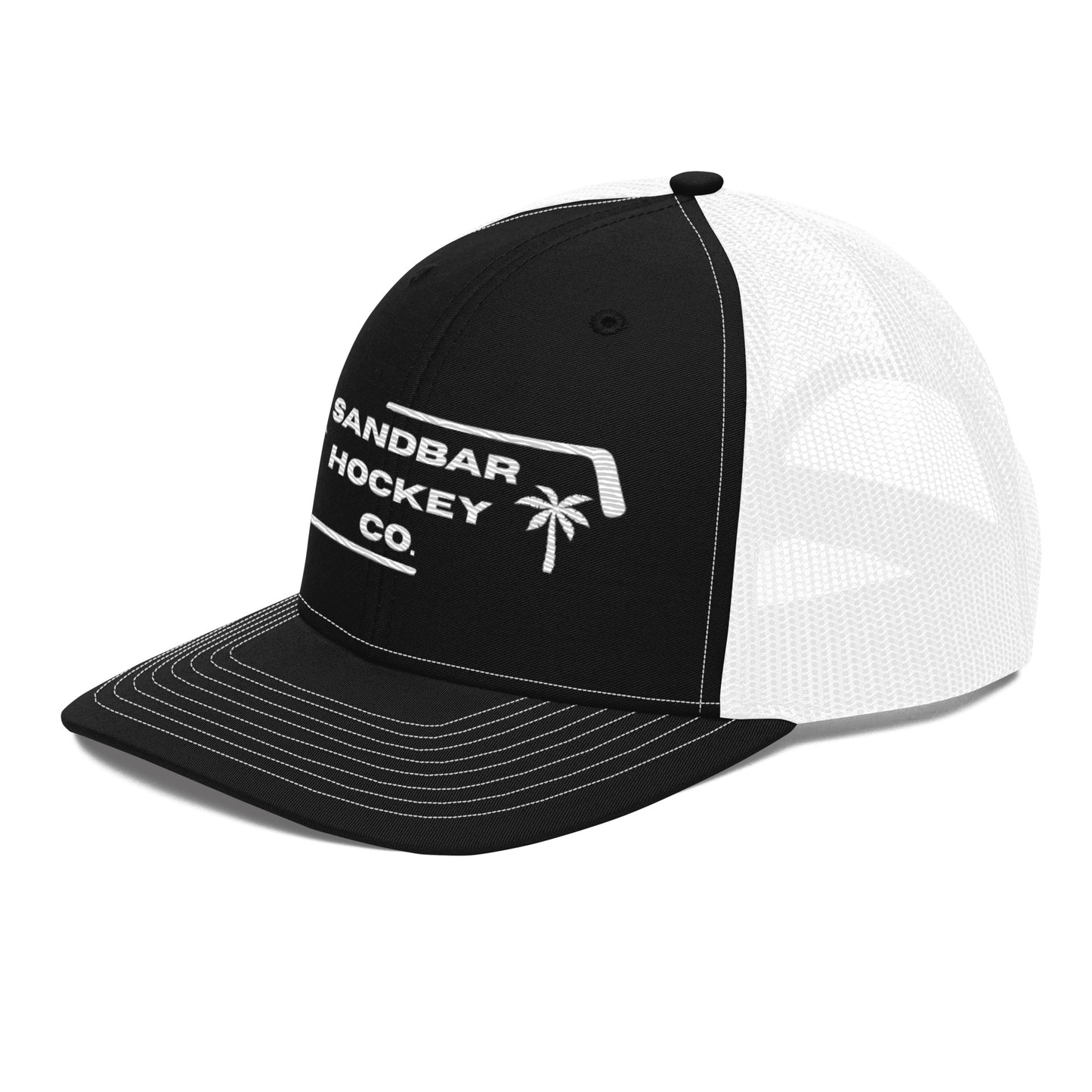 Black and white hockey snapback hat front right angle view with white mesh back and white logo.