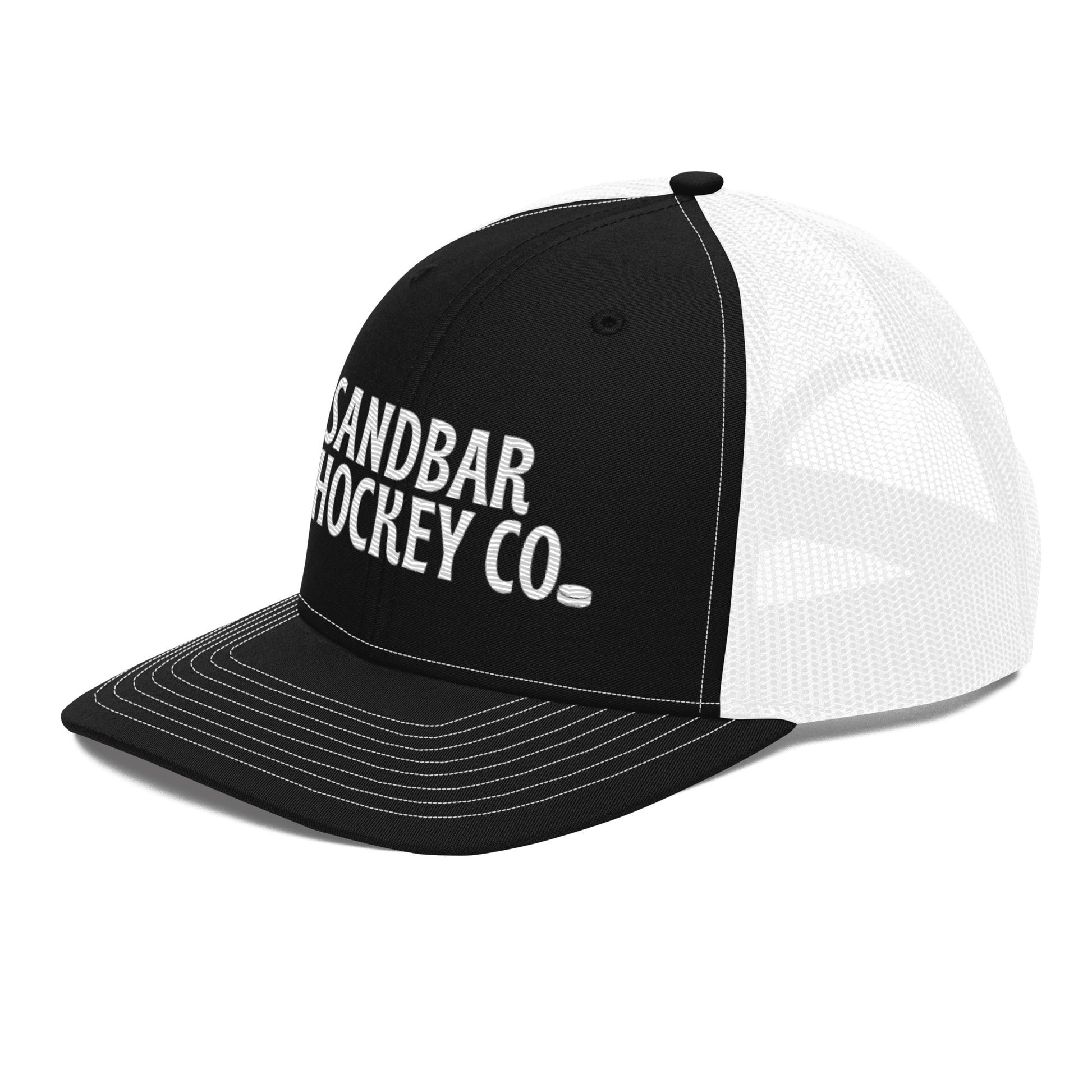Black and white hockey snapback hat right front angle view with white mesh back and white logo.