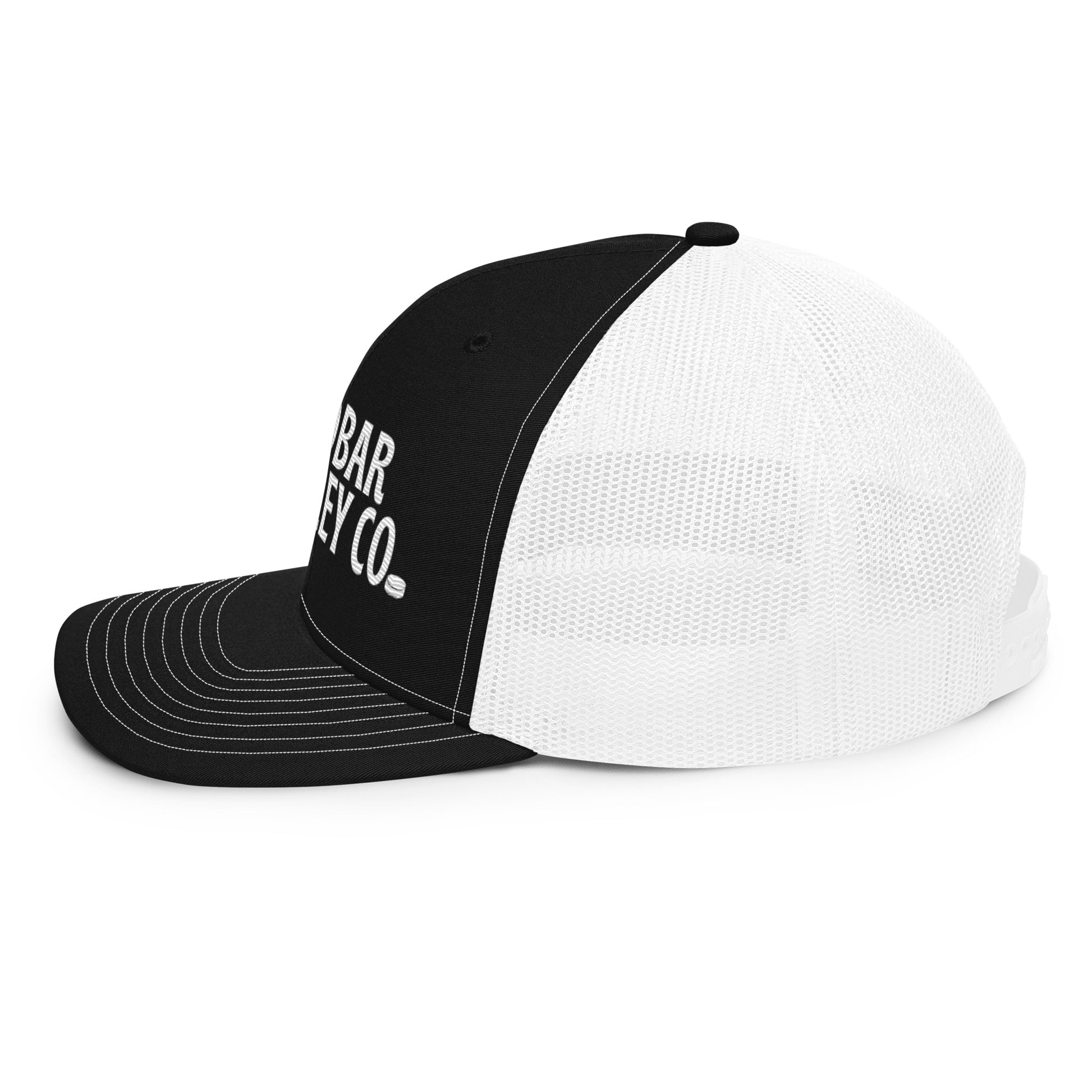 Black and white hockey snapback hat right side profile with white mesh back and flat brim.