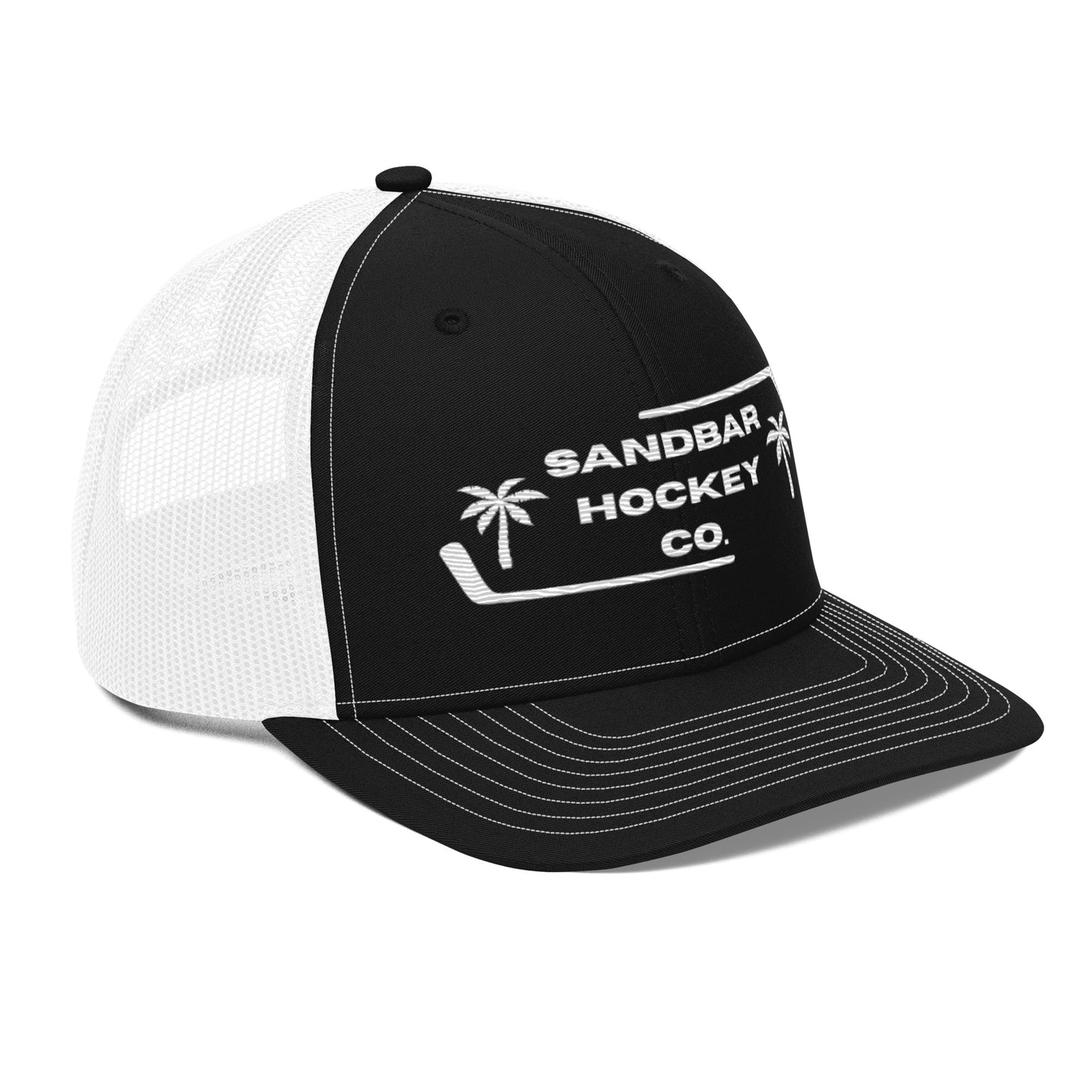 Black and white hockey snapback hat left front angle view with white mesh back and Sandbar Hockey Co. logo.