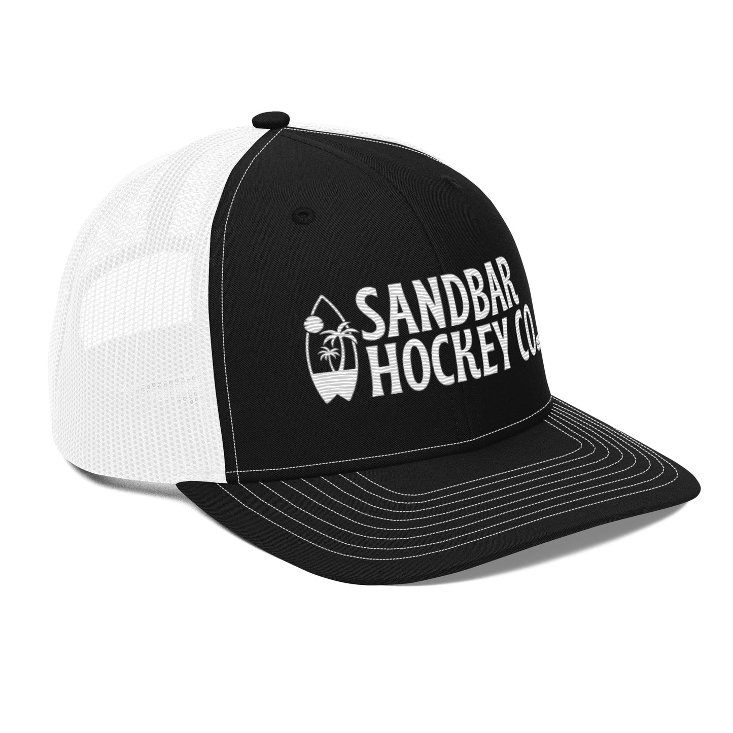 Black and white hockey snapback hat front left angle view with white mesh back and Sandbar Hockey Co. logo.