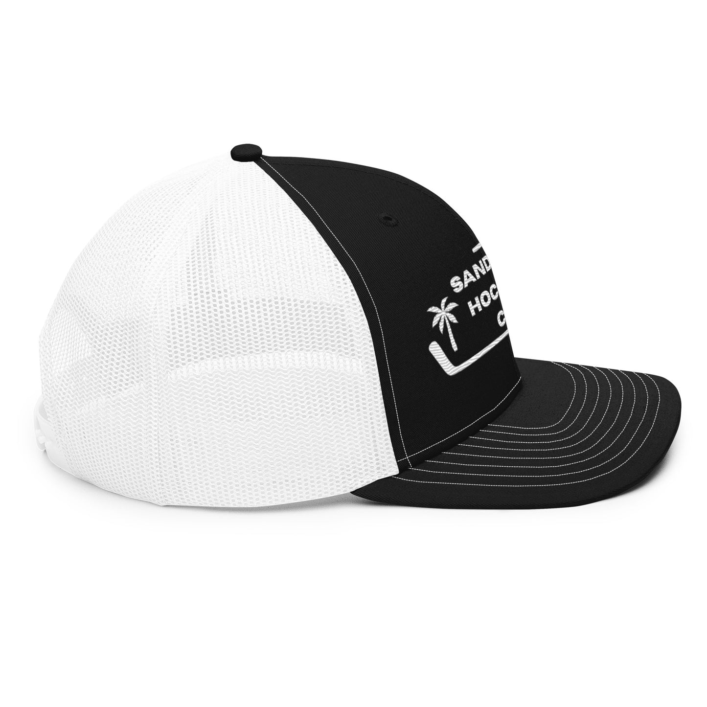 Black and white hockey snapback hat rear left angle view with white mesh back and black front panels.
