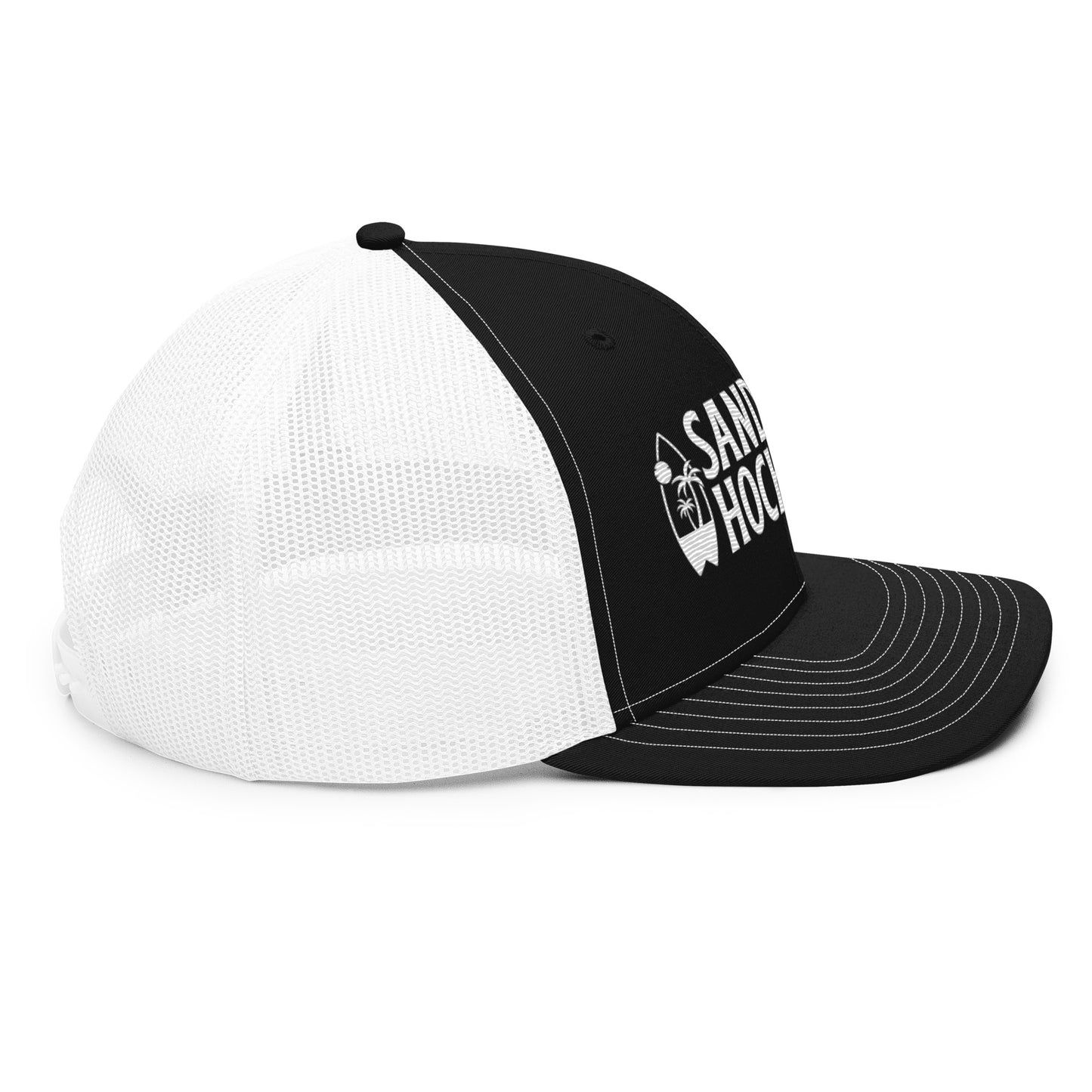 Black and white hockey snapback hat left side view with white mesh back and black brim.