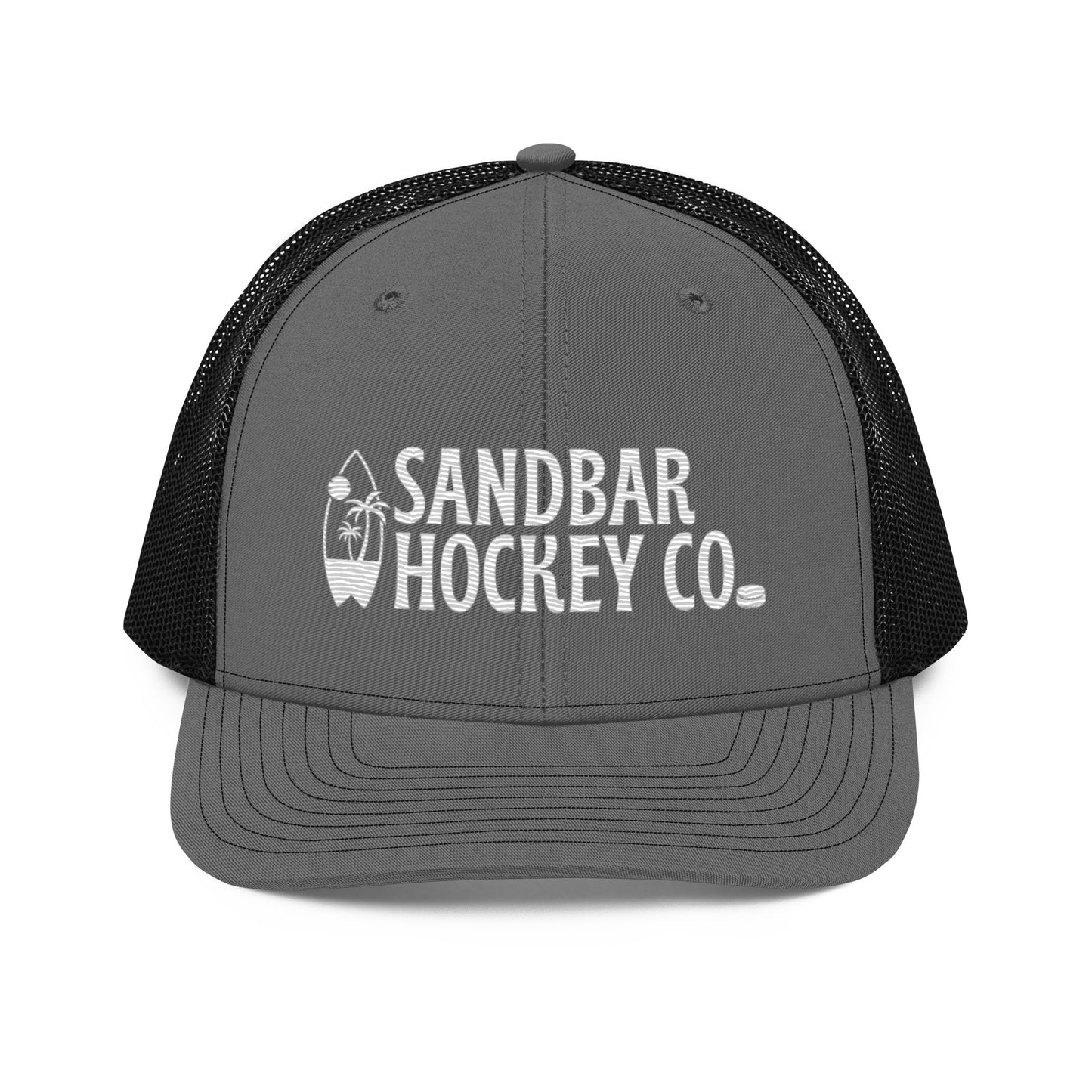 Charcoal gray and black hockey snapback hat front view with white Sandbar Hockey Co. logo.