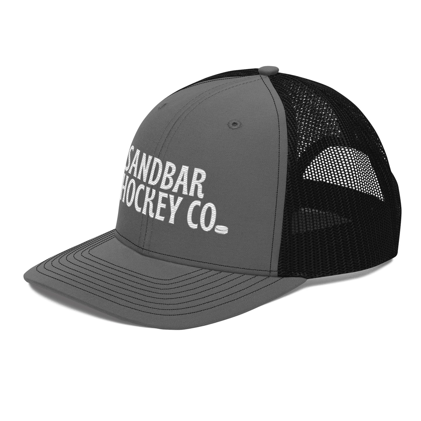 Charcoal gray and black hockey snapback hat front right angle view with black mesh back and white logo.