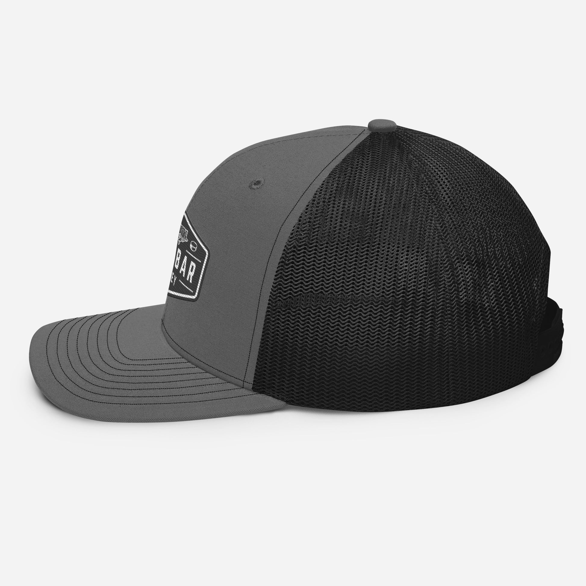 Dark grey and black Sandbar Hockey snapback hat right side and back view with black mesh panels