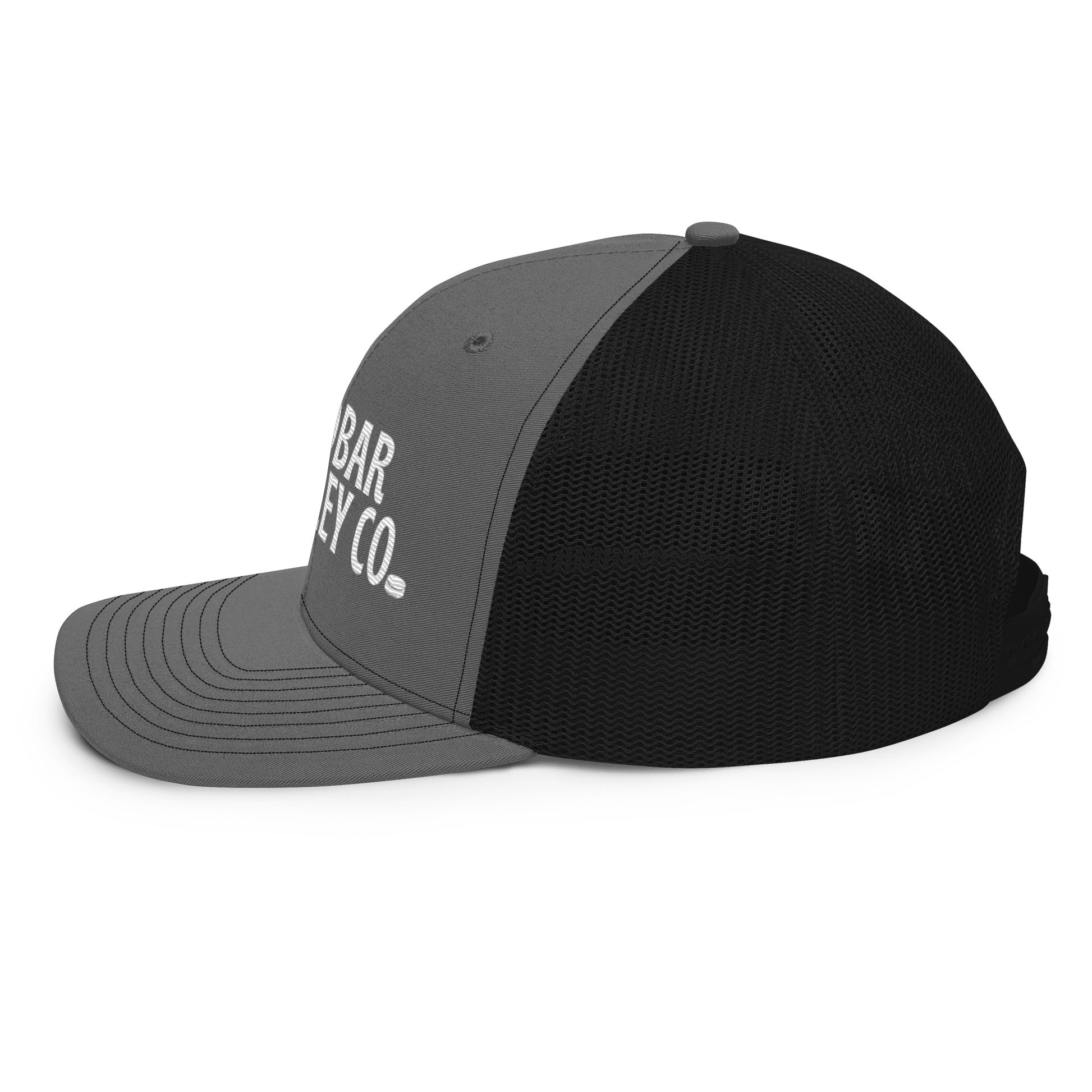 Charcoal gray and black hockey snapback hat right side profile with black mesh back and flat brim.