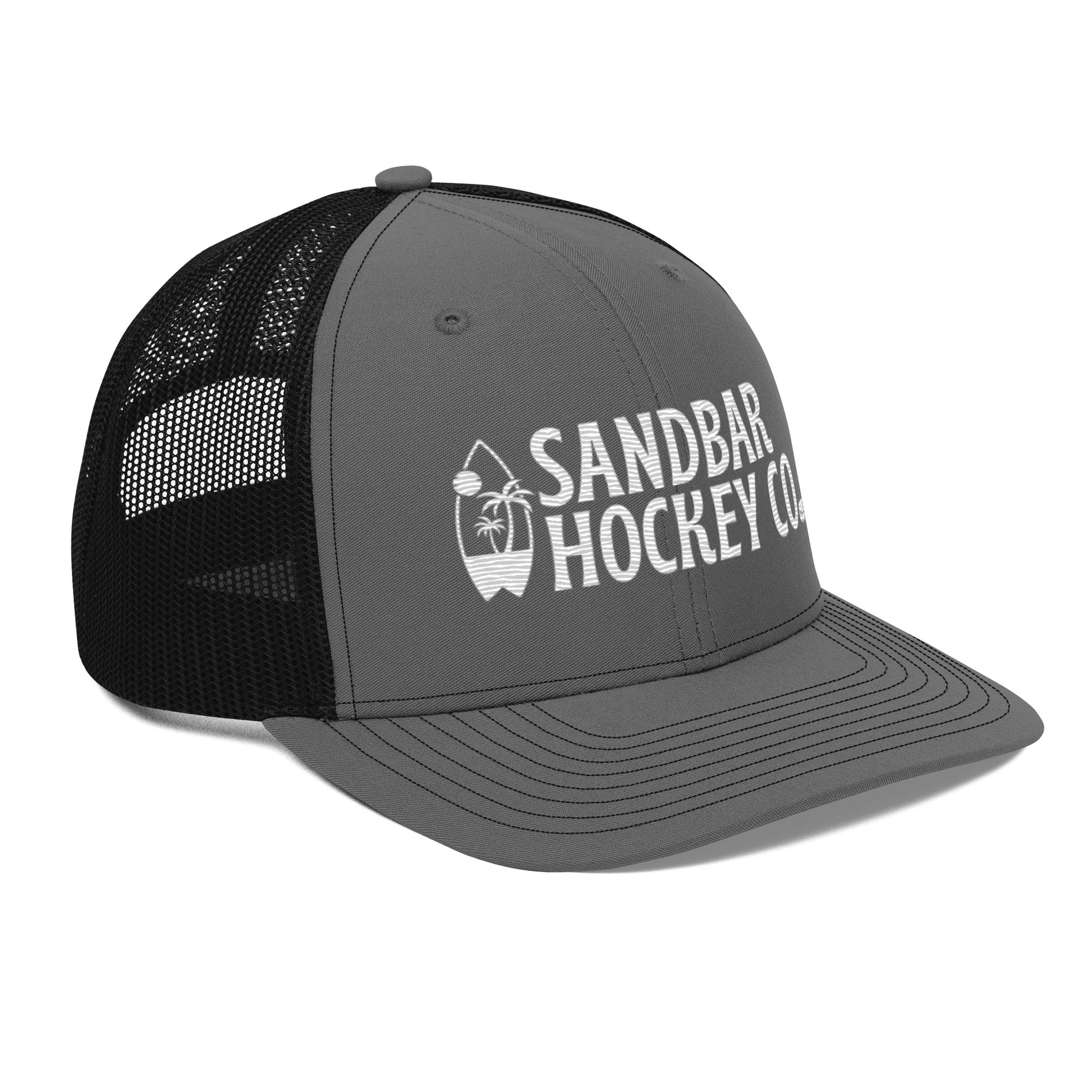 Charcoal gray and black hockey snapback hat front left angle view with white Sandbar Hockey Co. logo.