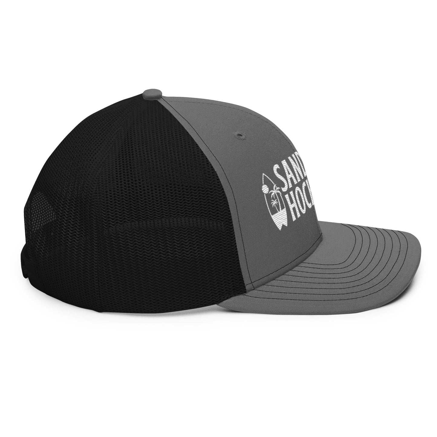 Charcoal gray and black hockey snapback hat left side profile with black mesh back and gray brim.