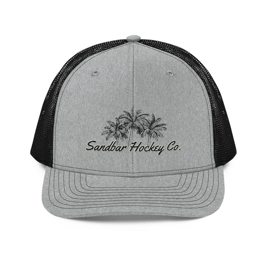 Sandbar Hockey Palm Tree embroidered trucker hat grey black front view