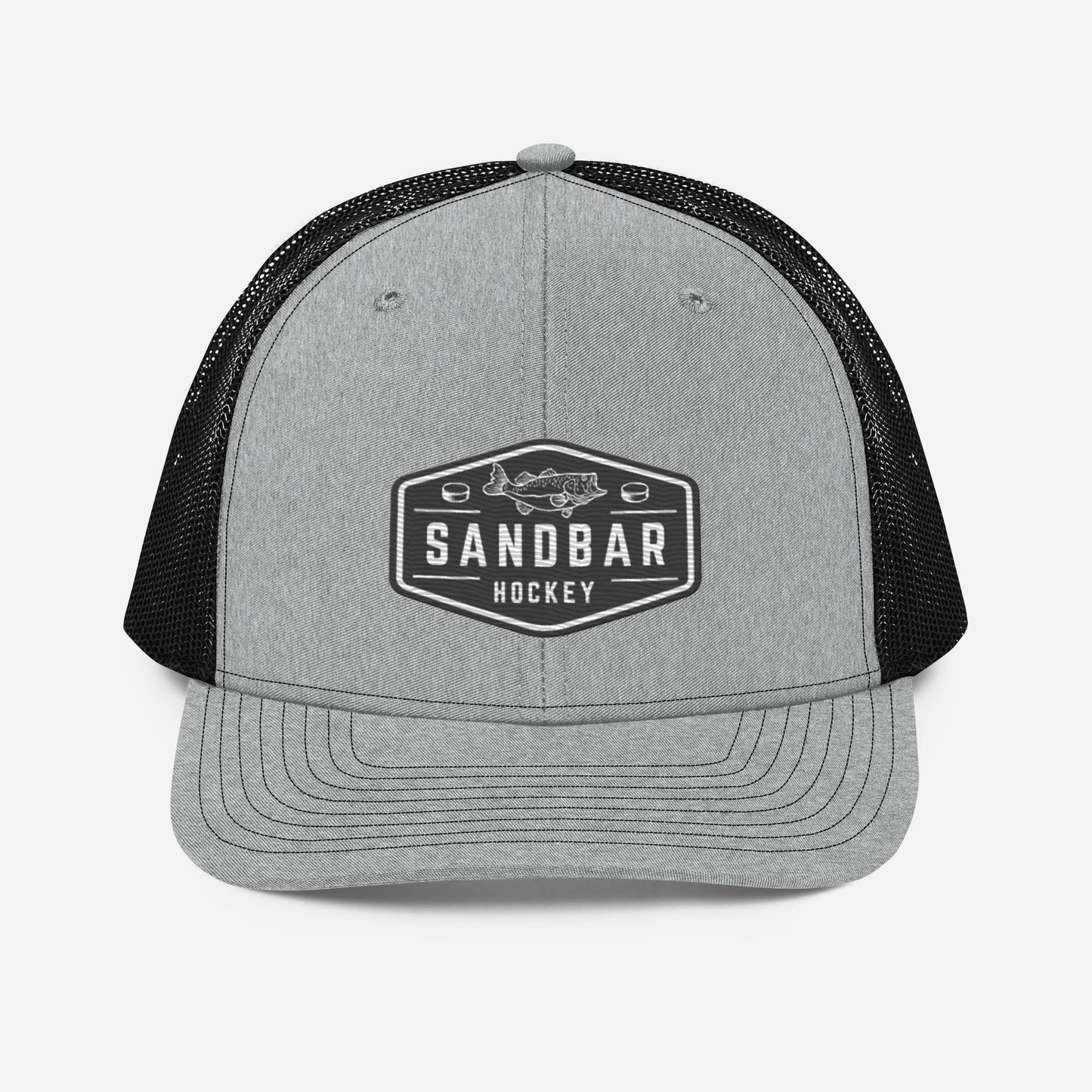 Heather grey and black Sandbar Hockey snapback hat front view with black mesh back and black rectangular badge logo featuring a fish above the word Sandbar