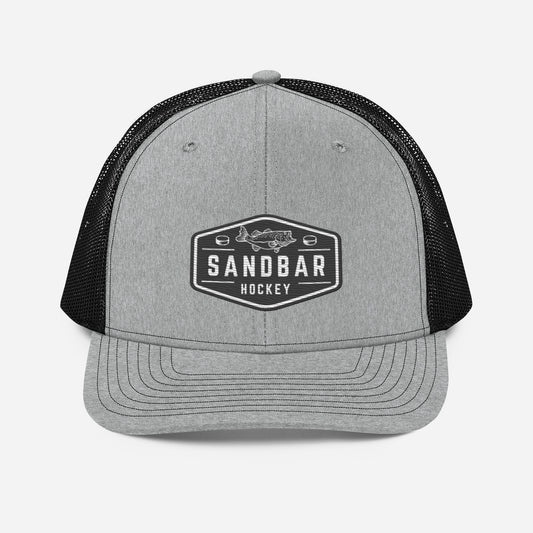 Heather grey and black Sandbar Hockey snapback hat front view with black mesh back and black rectangular badge logo featuring a fish above the word Sandbar