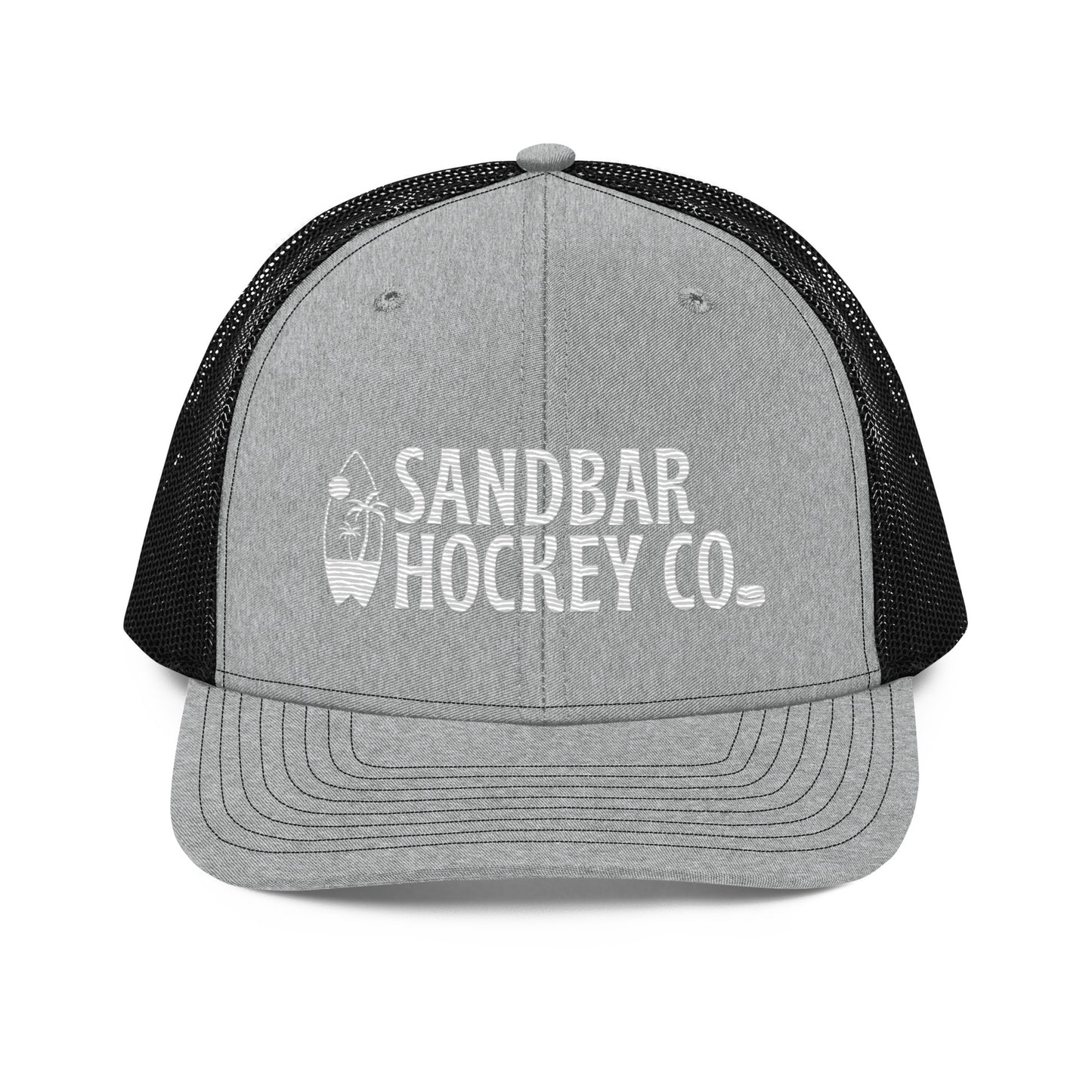 Light gray and black hockey snapback hat front view with white Sandbar Hockey Co. logo and black mesh back.