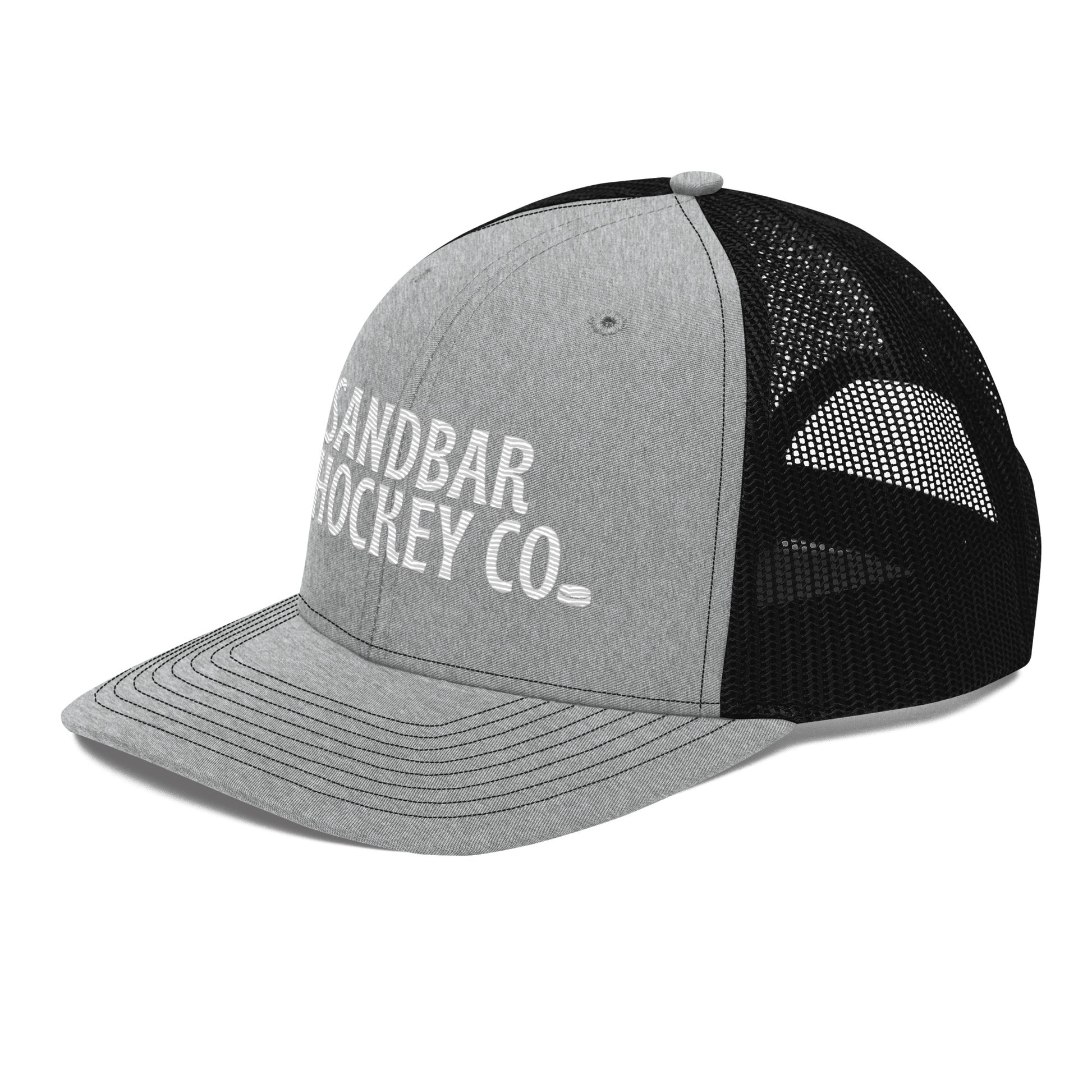Light gray and black hockey snapback hat front right angle view with black mesh back and white logo.