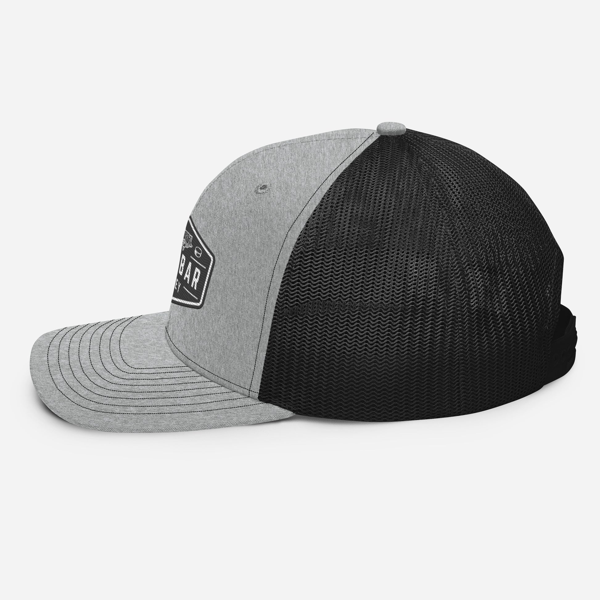 Light grey and black Sandbar Hockey snapback hat right side and back view with black mesh panels