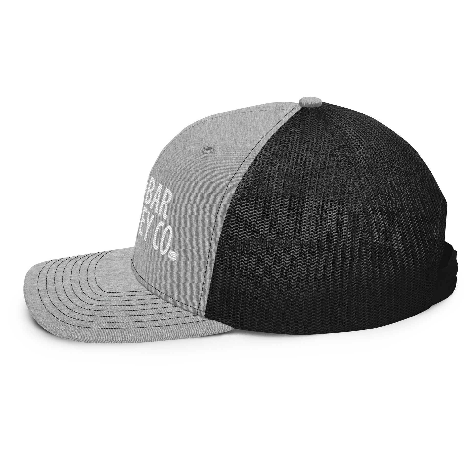Light gray and black hockey snapback hat right side profile with black mesh back and gray brim.