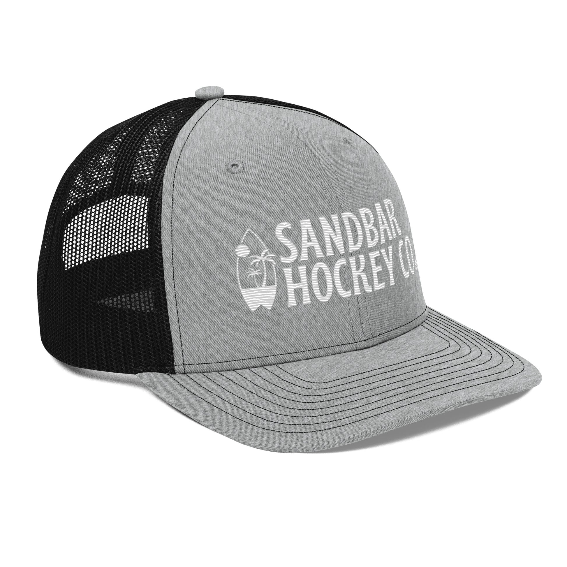 Light gray and black hockey snapback hat front left angle view with white Sandbar Hockey Co. logo.