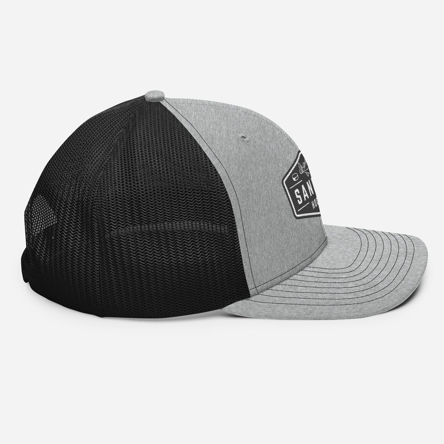 Light grey and black Sandbar Hockey snapback hat left side profile view with black mesh back