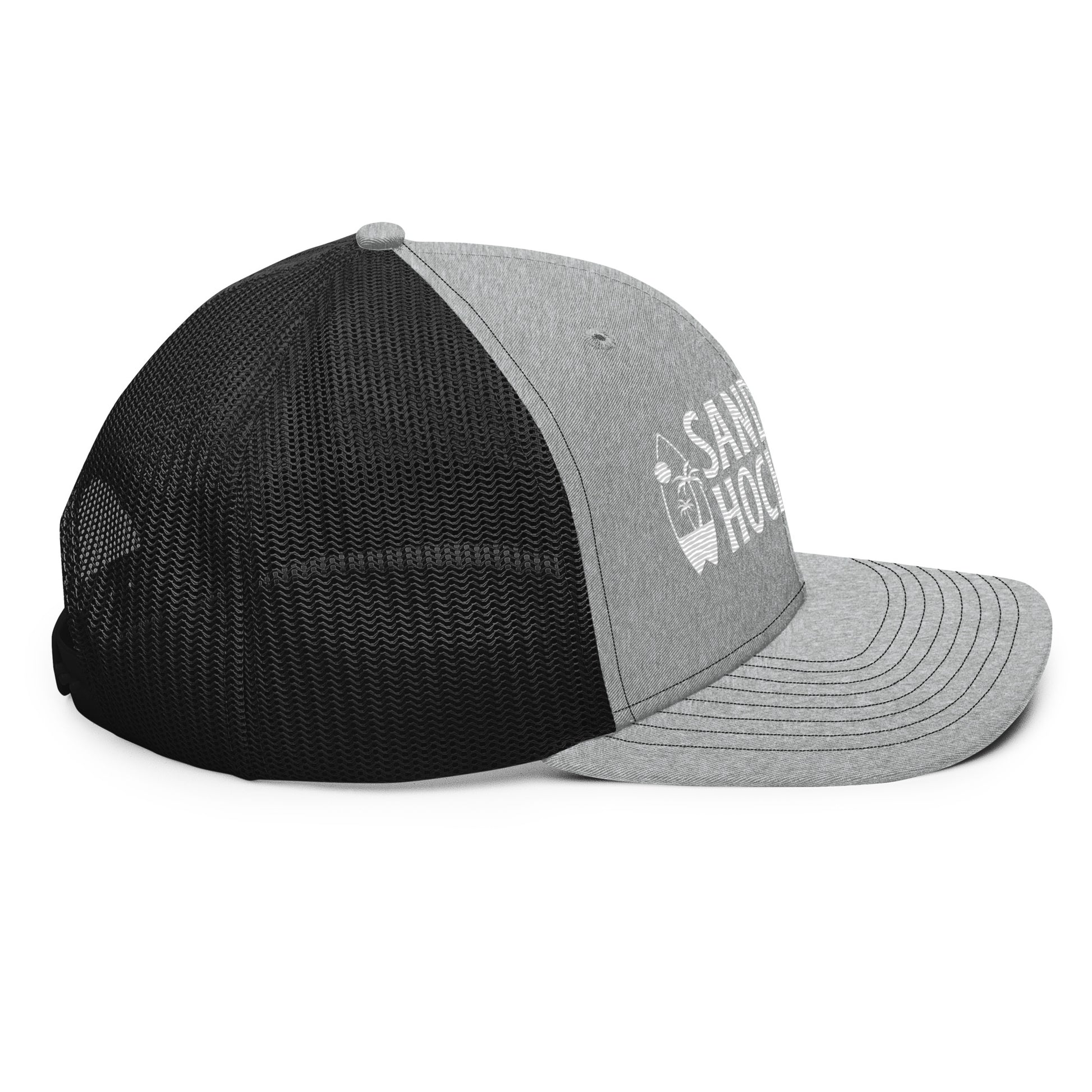 Light gray and black hockey snapback hat left side profile with black mesh back and flat brim.