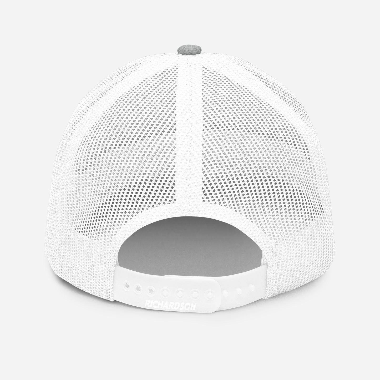 Grey and white Sandbar Hockey snapback hat back view with open snapback closure and white mesh panels