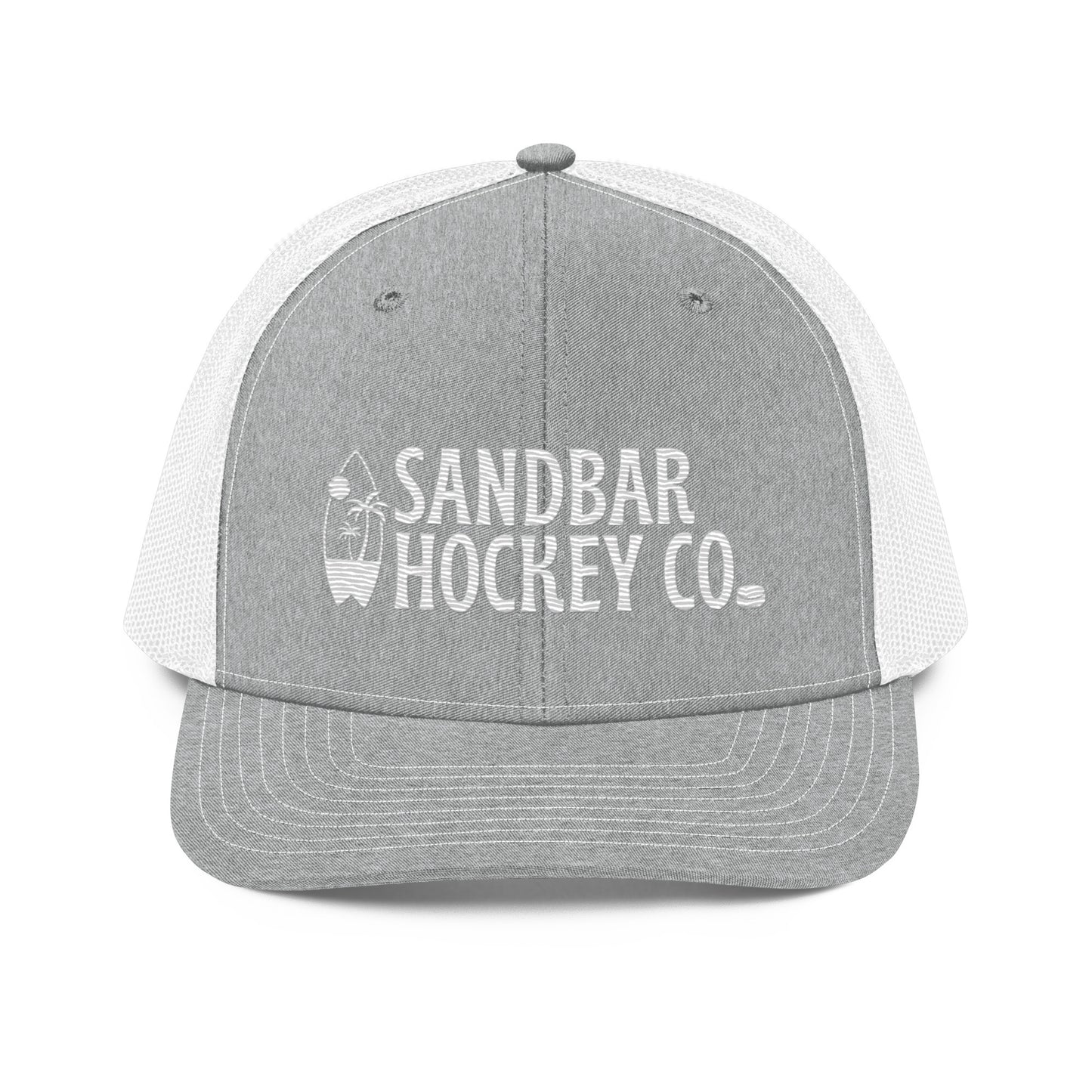 Light gray and white hockey snapback hat front view with white Sandbar Hockey Co. logo and white mesh back.