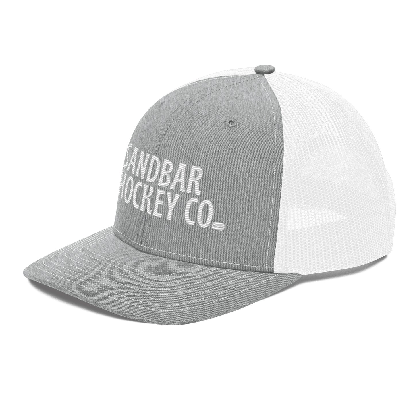 Light gray and white hockey snapback hat front right angle view with white mesh back and white logo.