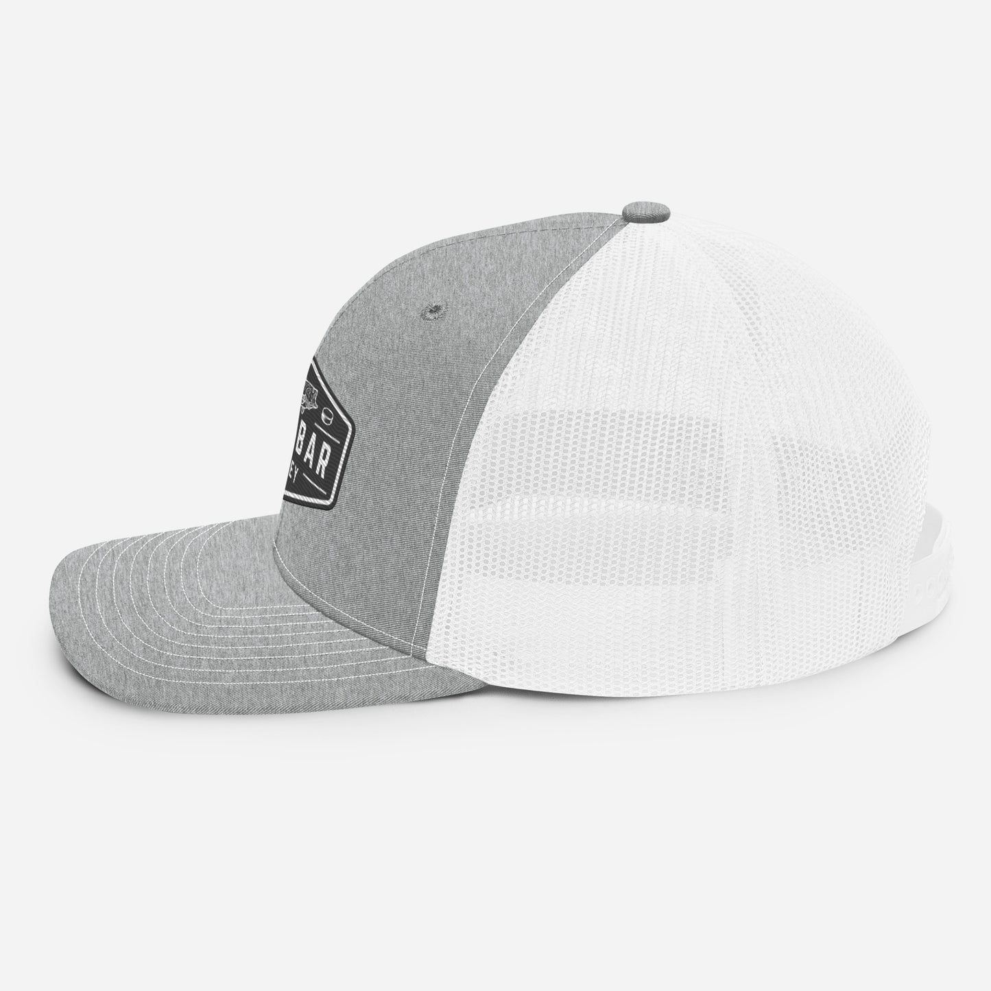 Light grey and white Sandbar Hockey snapback hat right side profile view with white mesh back