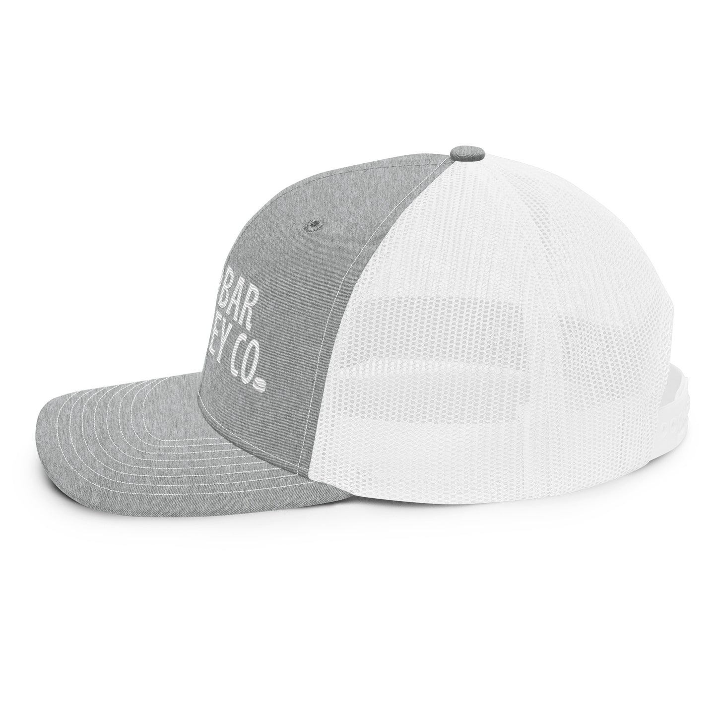 Light gray and white hockey snapback hat right side profile with white mesh back and gray brim.