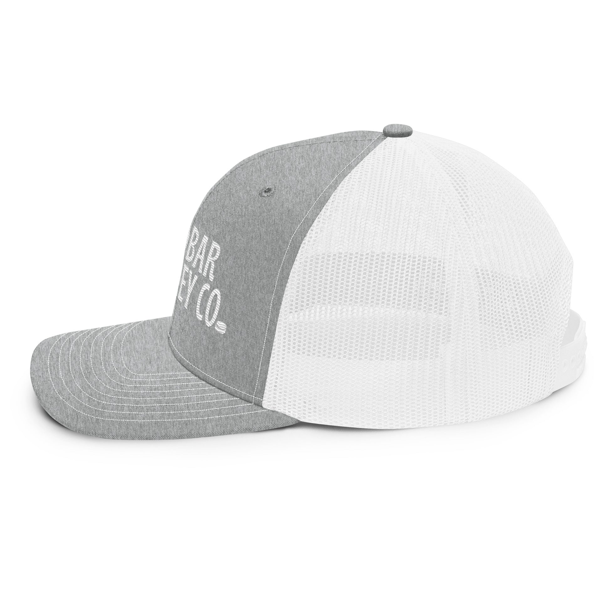 Light gray and white hockey snapback hat right side profile with white mesh back and gray brim.