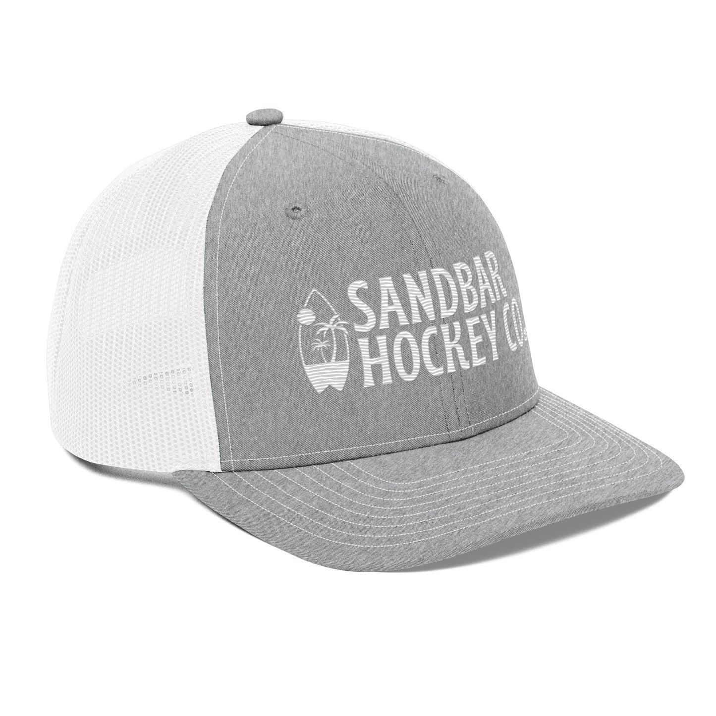 Light gray and white hockey snapback hat front left angle view with white Sandbar Hockey Co. logo.