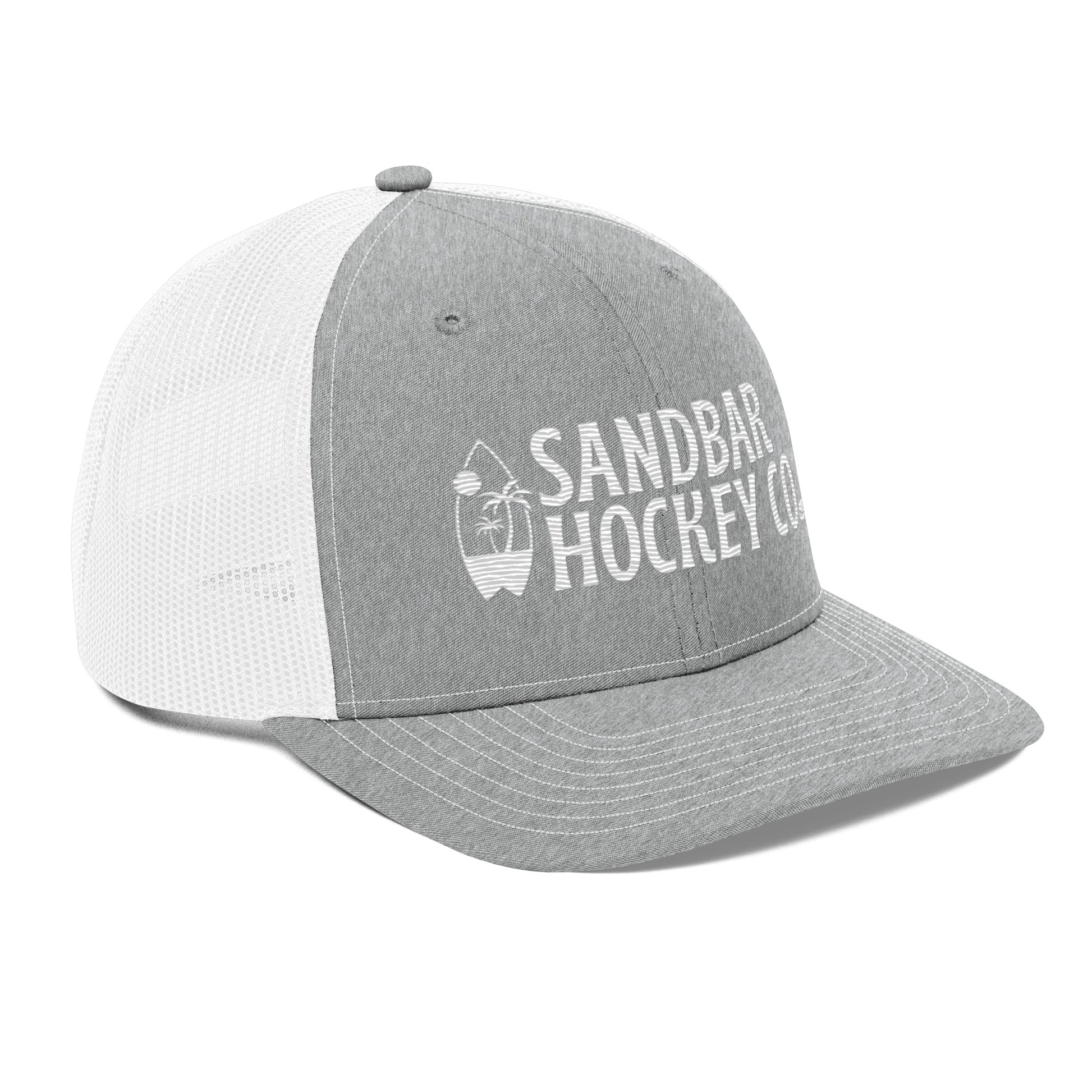 Light gray and white hockey snapback hat front left angle view with white Sandbar Hockey Co. logo.