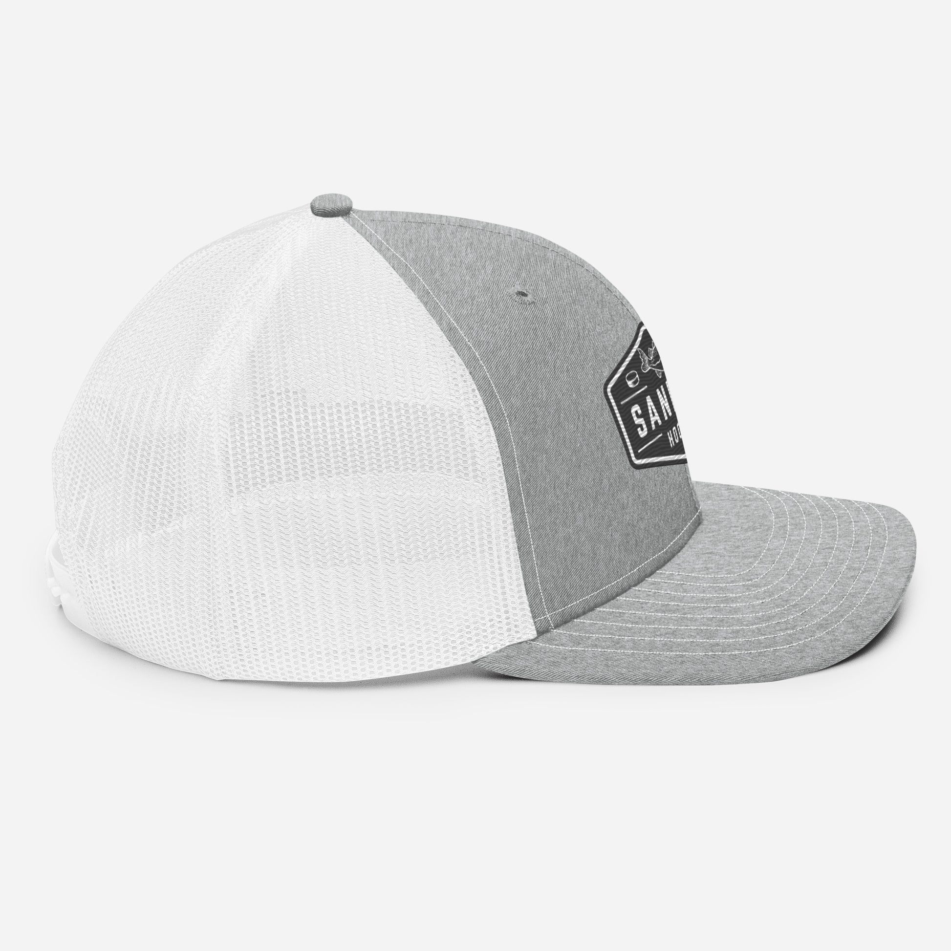Light grey and white Sandbar Hockey snapback hat left side angle view with white mesh back and light grey brim
