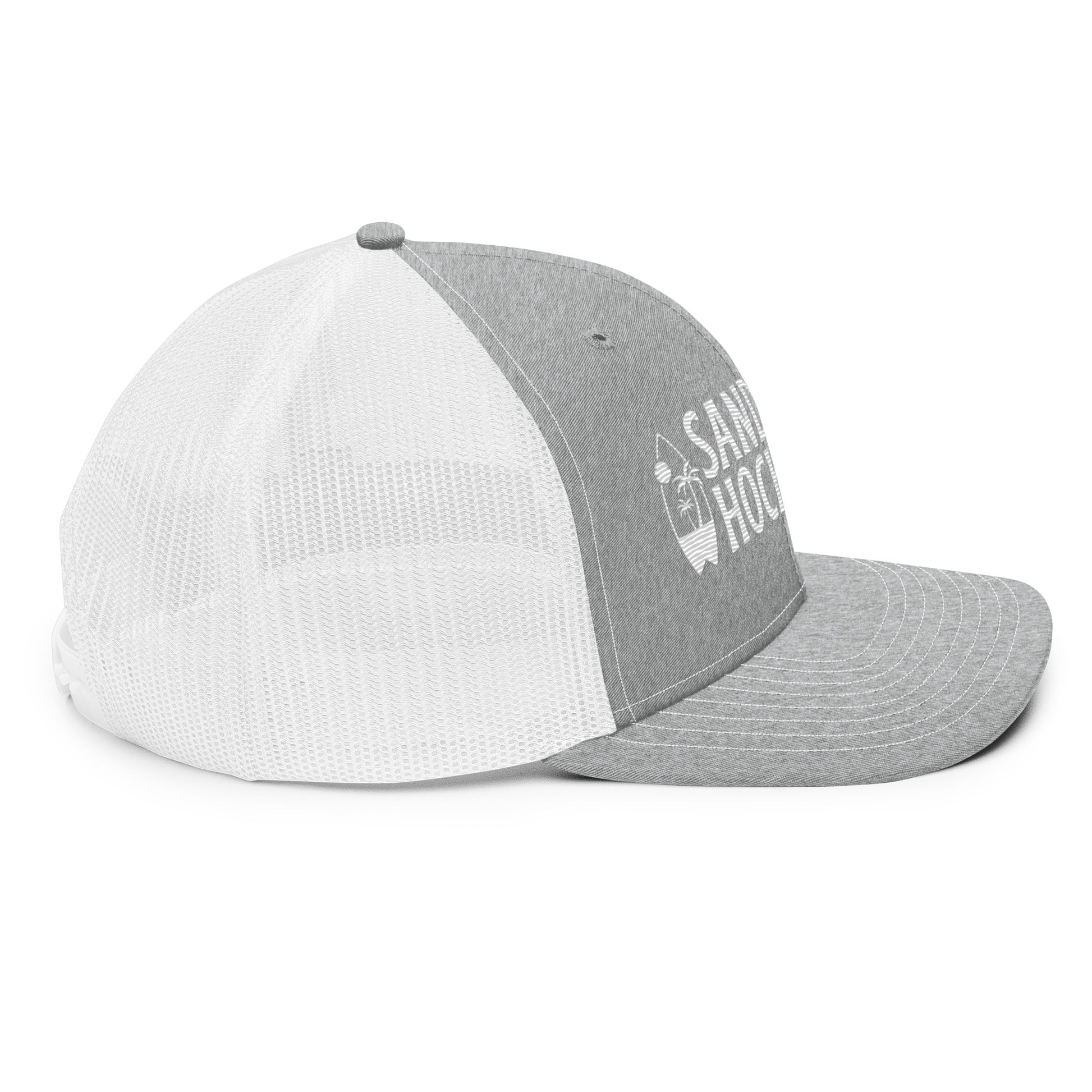 Light gray and white hockey snapback hat left side profile with white mesh back and curved brim.