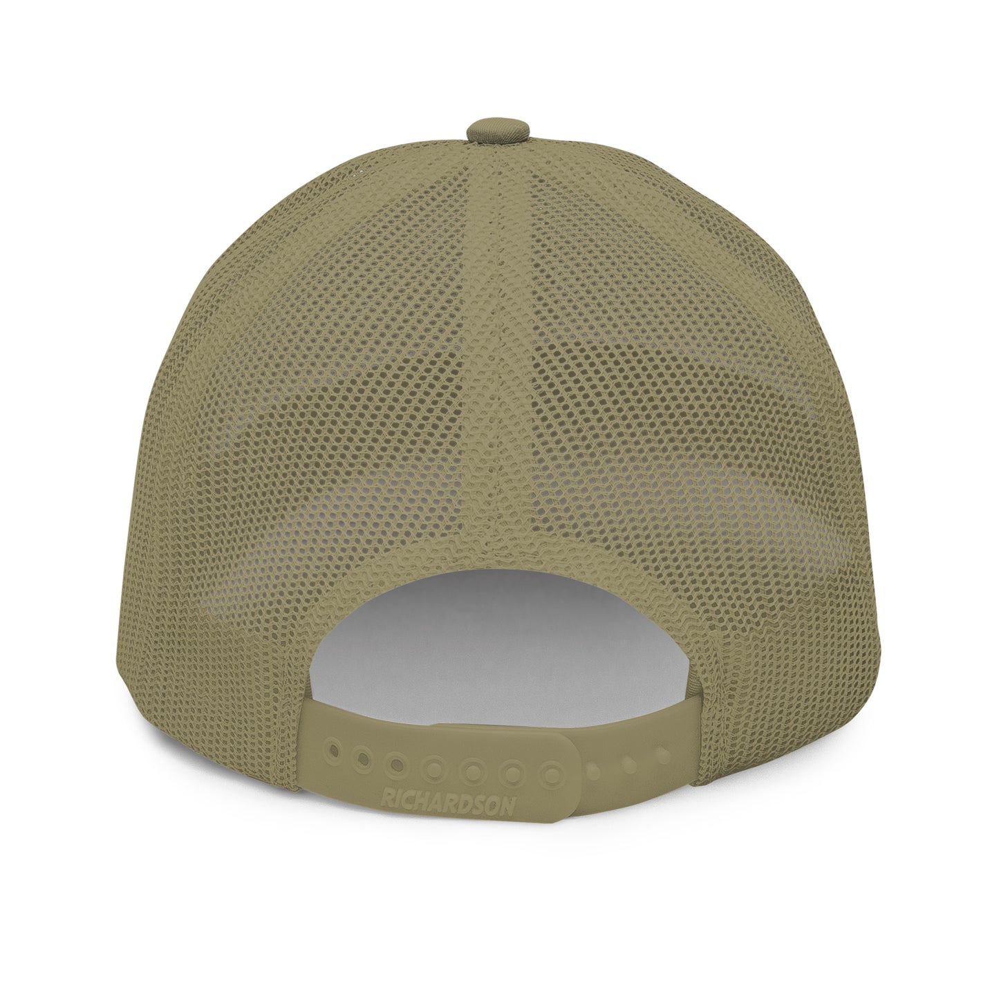 Olive green hockey snapback hat back view showing mesh panels and snapback closure.