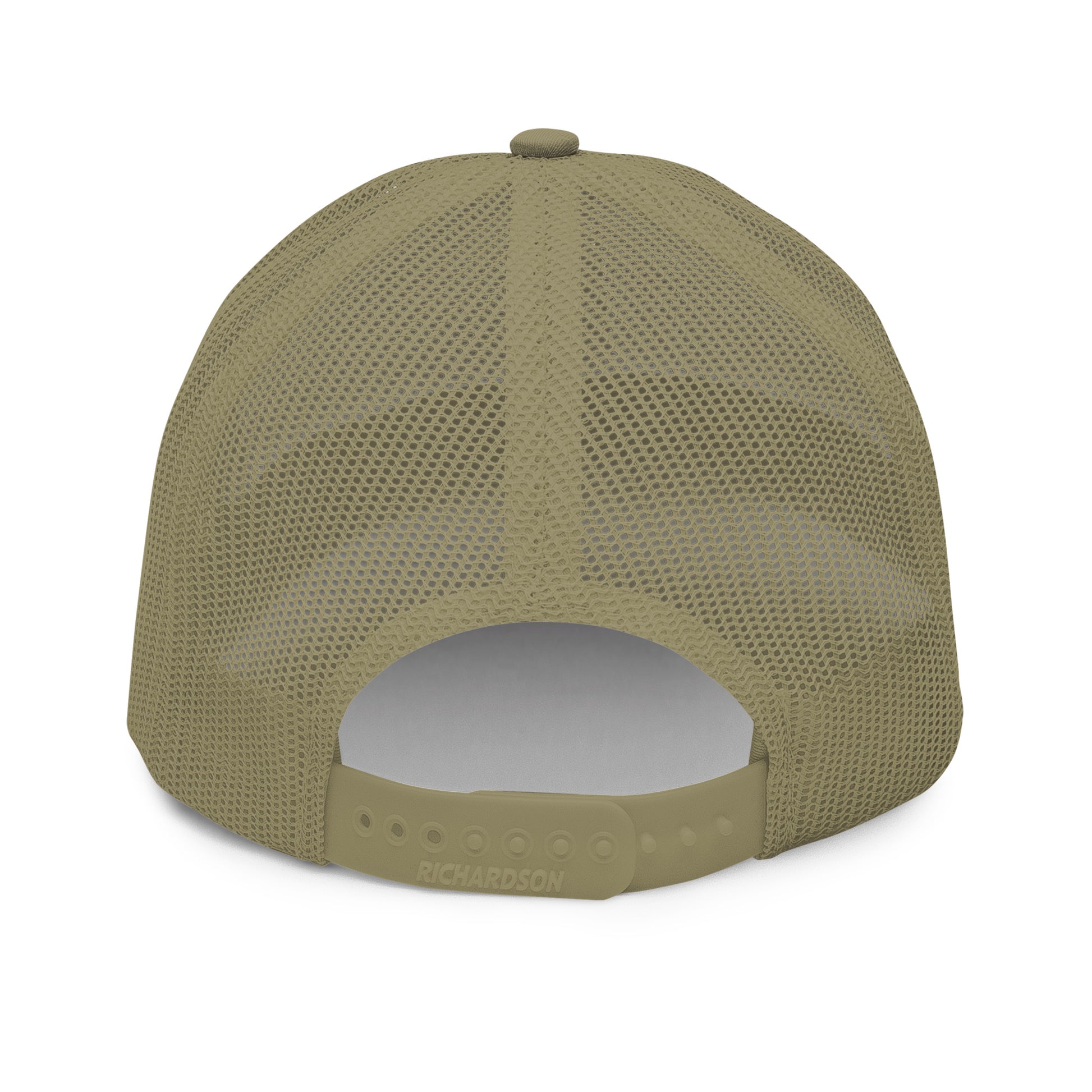 Olive green hockey snapback hat back view showing mesh panels and snapback closure.