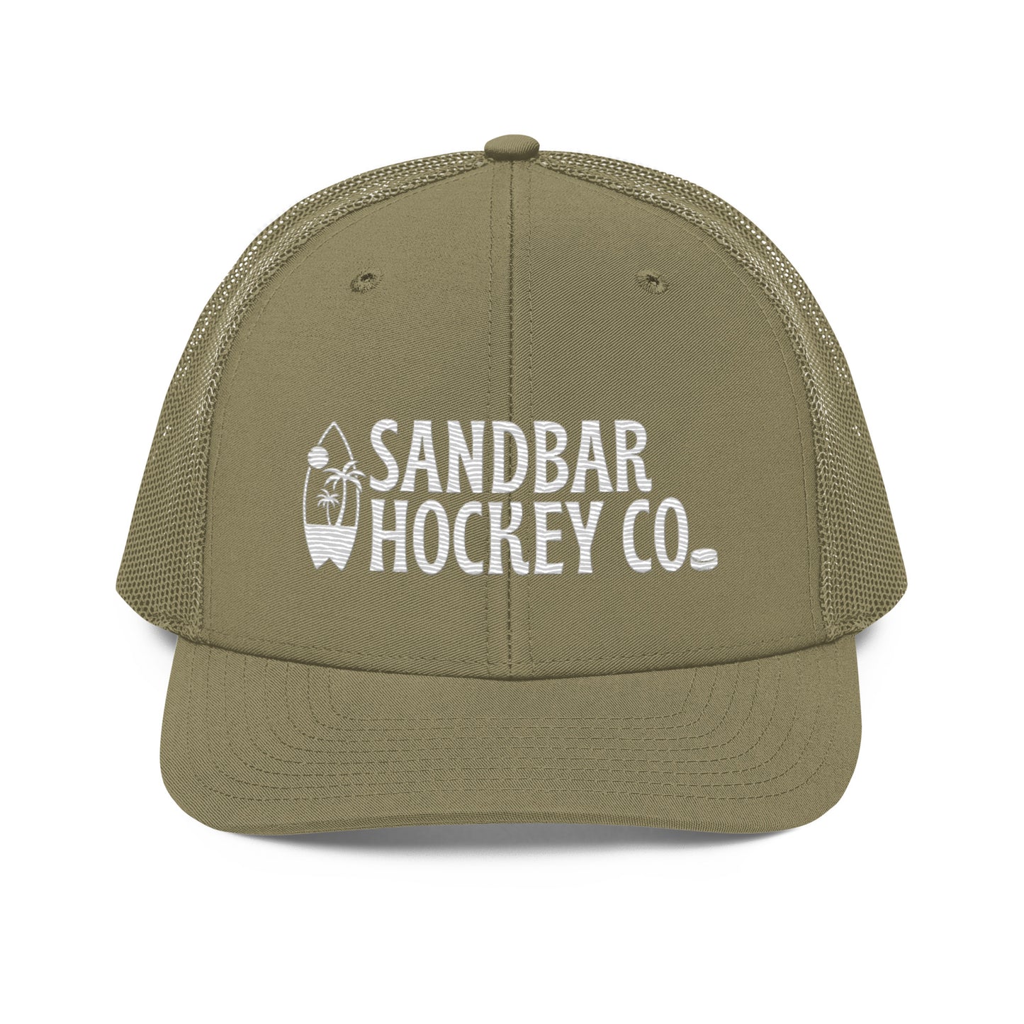Olive green hockey snapback hat front view with white Sandbar Hockey Co. logo.
