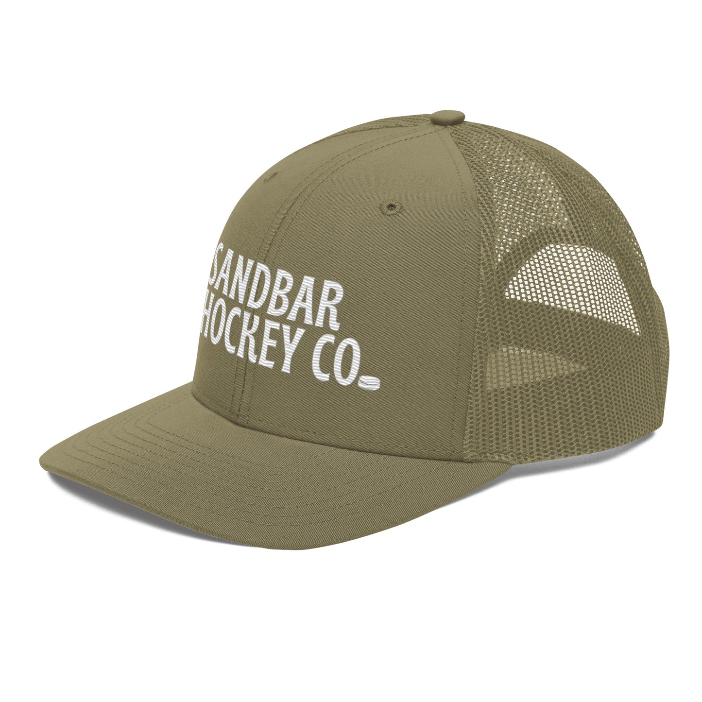 Olive green hockey snapback hat front right angle view with olive mesh back and white logo.