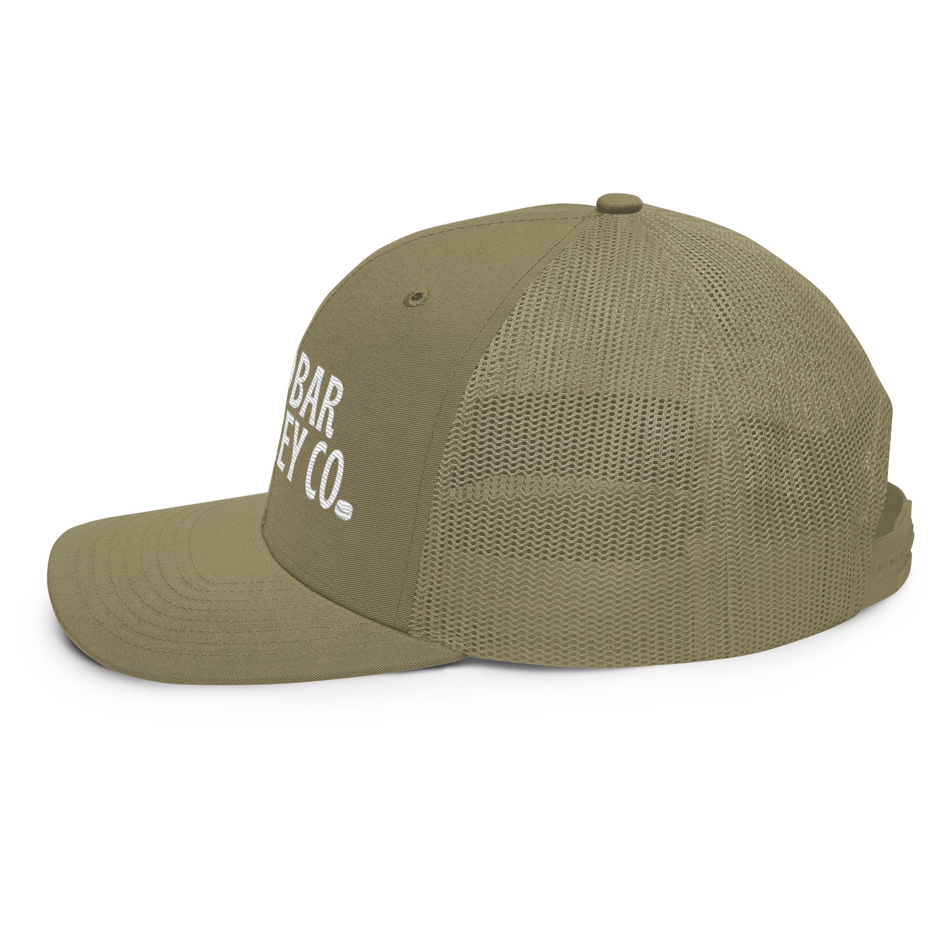 Olive green hockey snapback hat right side profile with olive mesh back and flat brim.