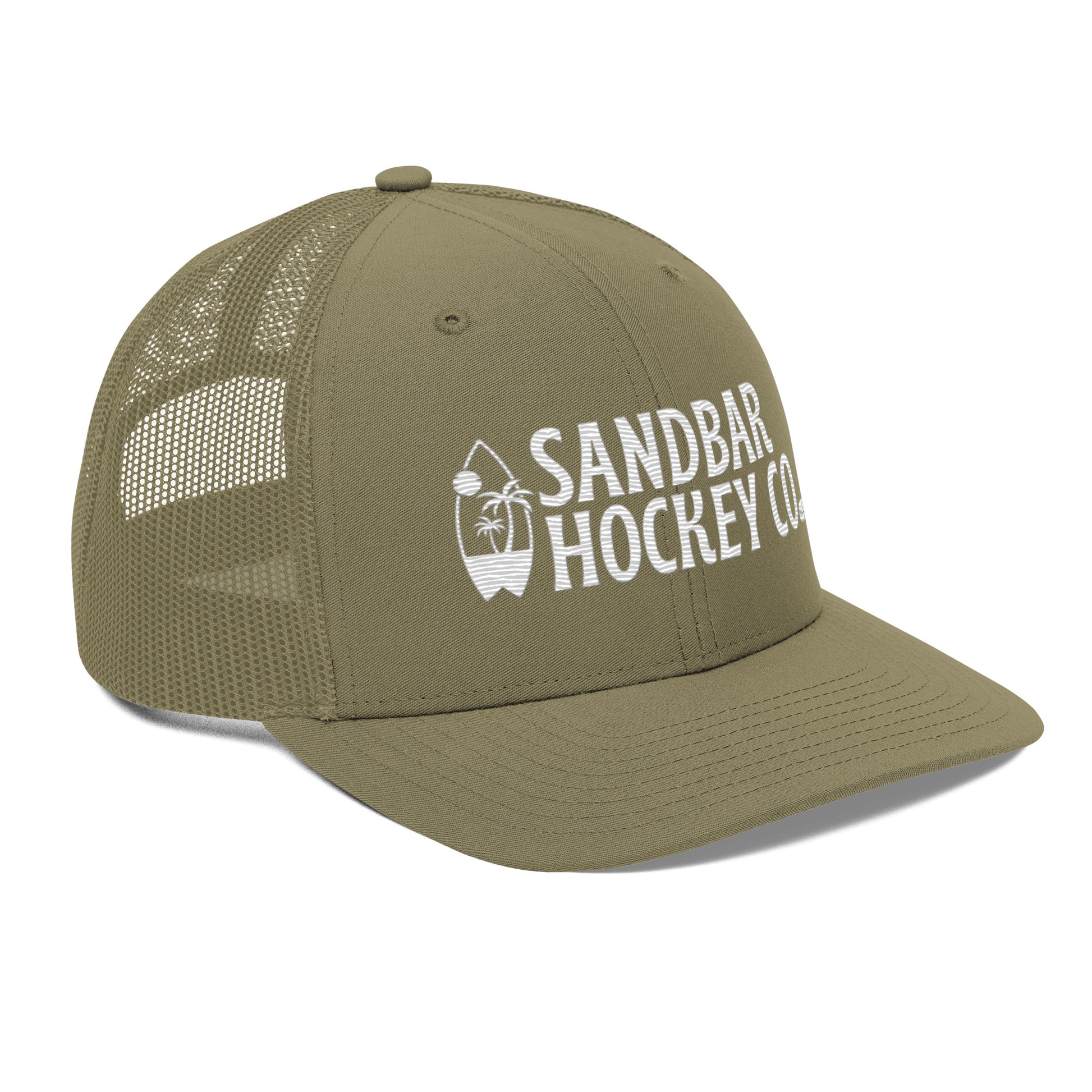 Olive green hockey snapback hat front left angle view with white Sandbar Hockey Co. logo.