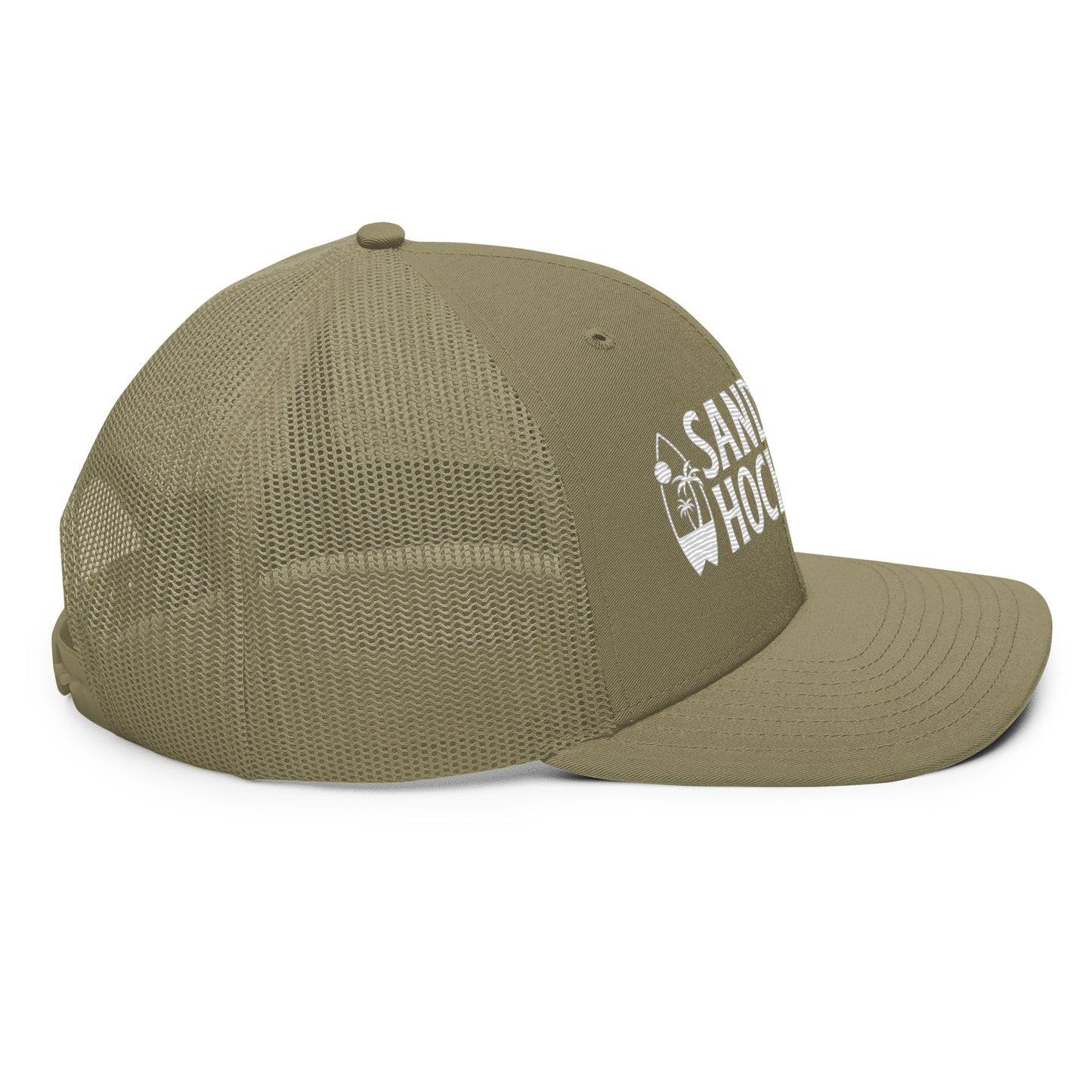 Olive green hockey snapback hat left side profile with olive mesh back and matching brim.
