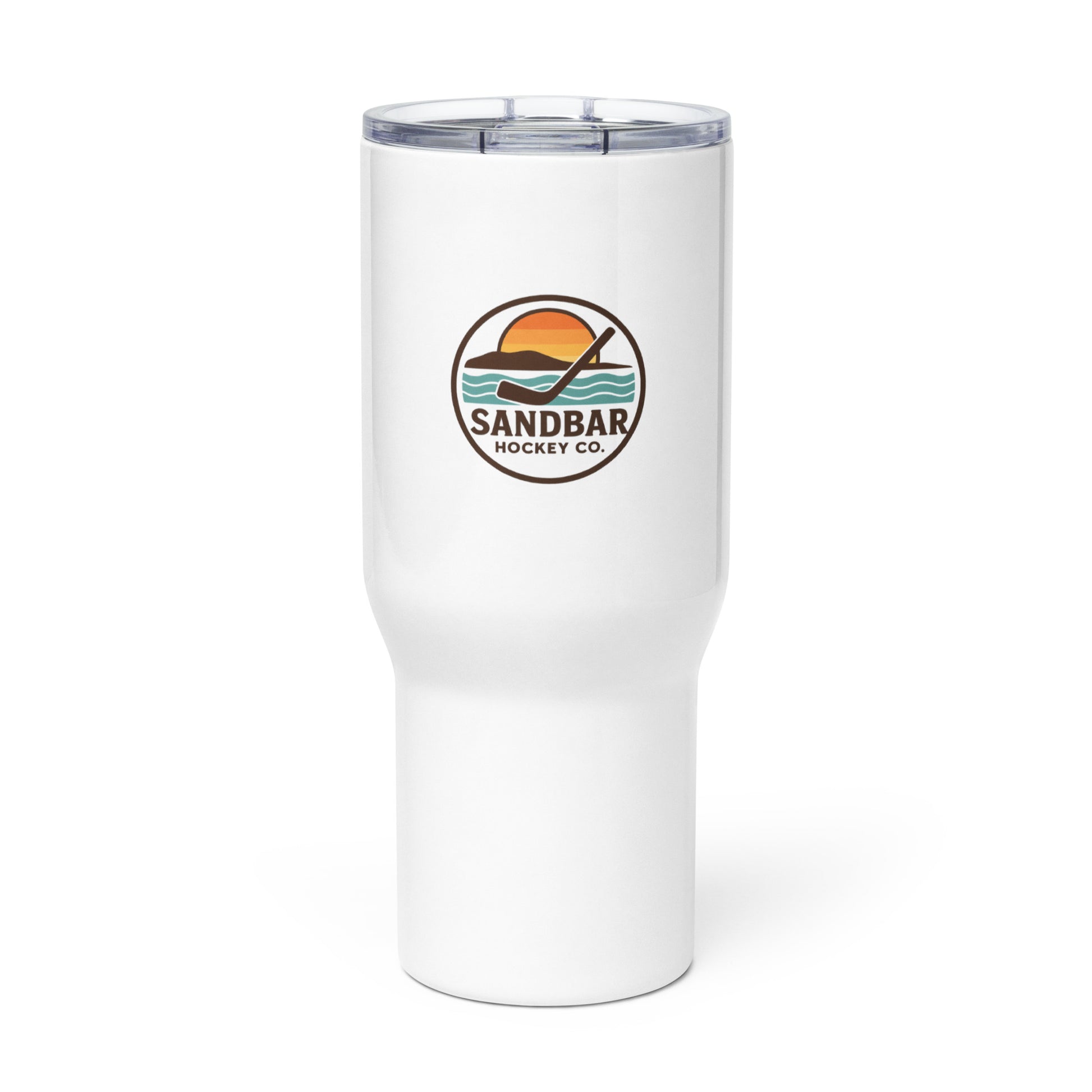 White hockey travel mug front view with Sandbar Hockey Co. sunset logo and clear lid.